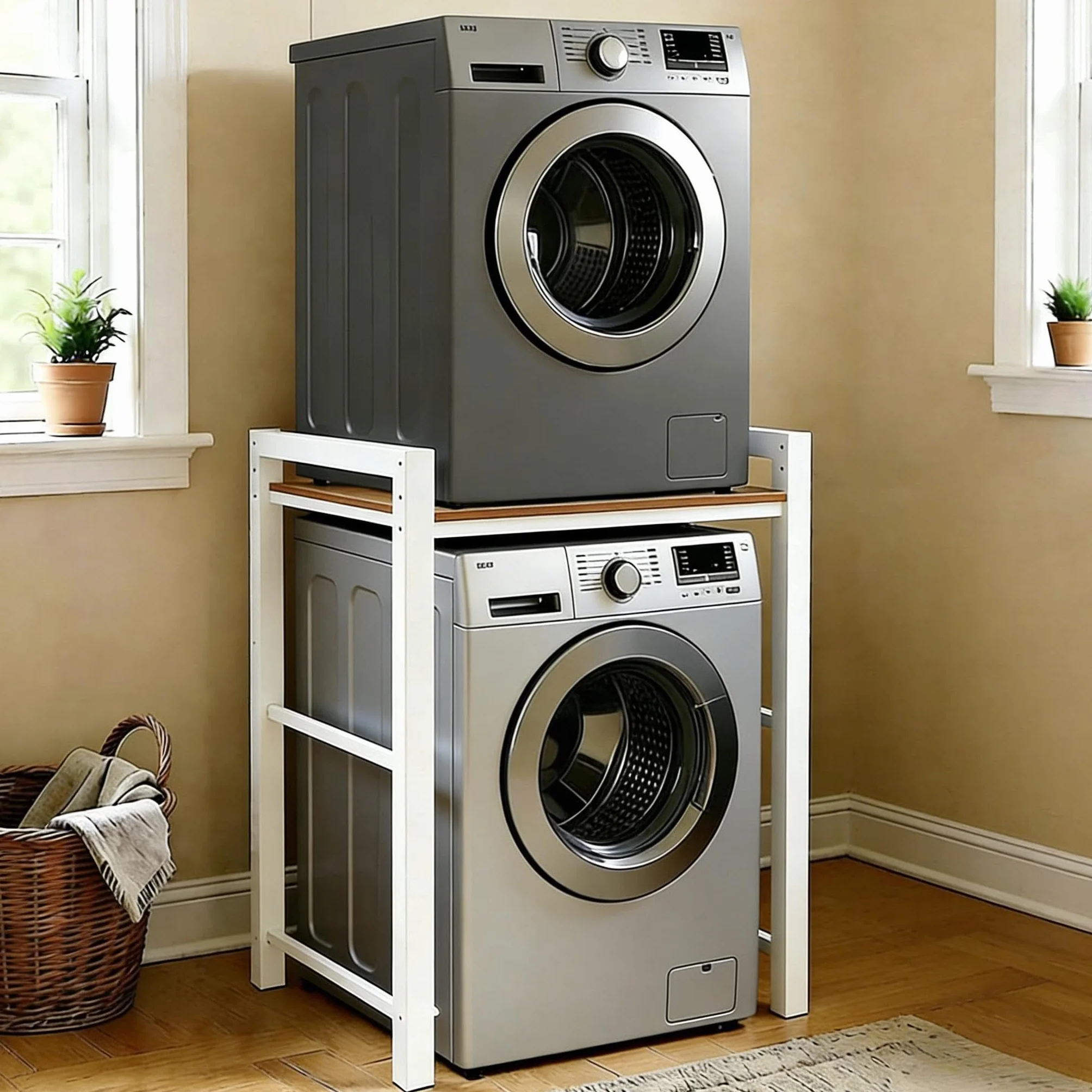 Mueble para Lavadora, Mueble para Lavadora y Secadora - Carga 350kg, Soporte Secadora Sobre Lavadoras - Ajuste de Altura de 3 Niveles, Armario Lavadoras Secadoras para Baño Balcón Lavandería (Blanco)