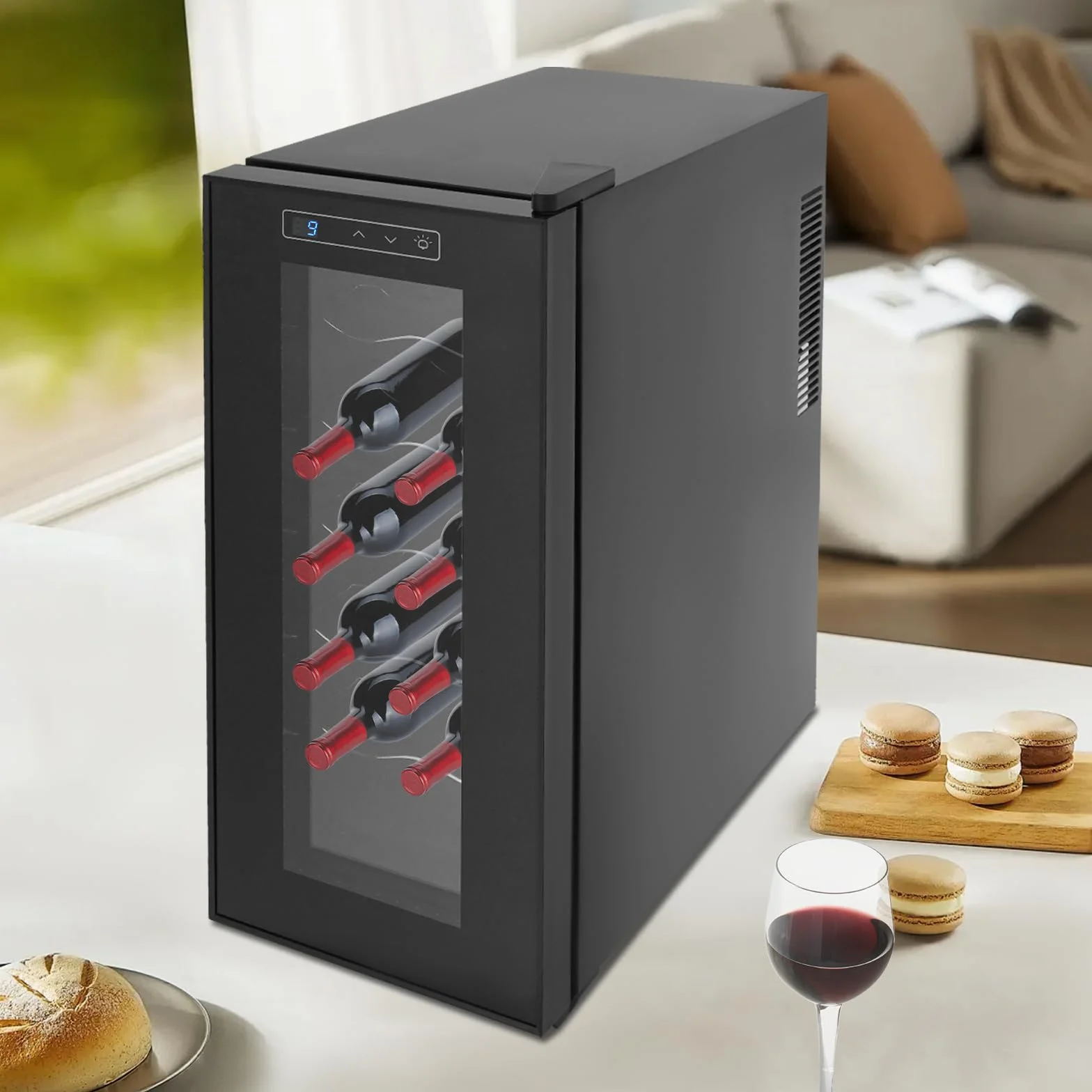 Nevera para vino, 12 botellas, 33 litros, con patas ajustables con luz LED, minibar, con puerta de cristal