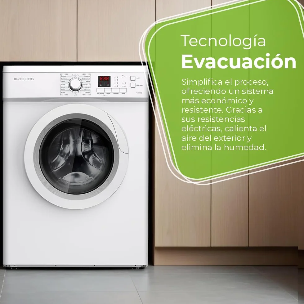 Aspes Secadora de Evacuación 7Kg Carga Frontal Blanco ASE700C. 2000W, 16 Programas, Función Antiarrugas, Función Antiarrugas, Display LED manual, Eficiencia Energética Clase C