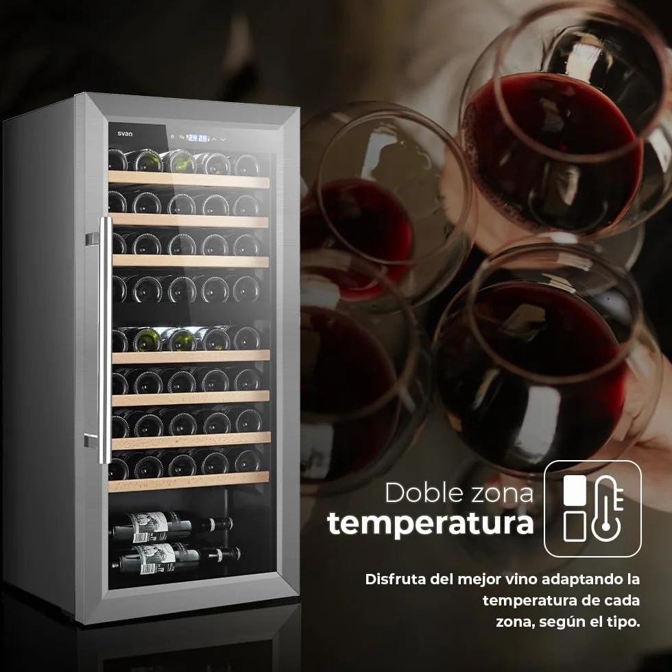 SVAN Vinoteca 45 Botellas Negro SVN4500D. 85W, 2 Zonas Independientes, Display LED táctil, Pantalla Digital Exterior, 7 Baldas de Madera, 1 Rejillas Metálicas, Clase de Eficiencia Enérgetica G