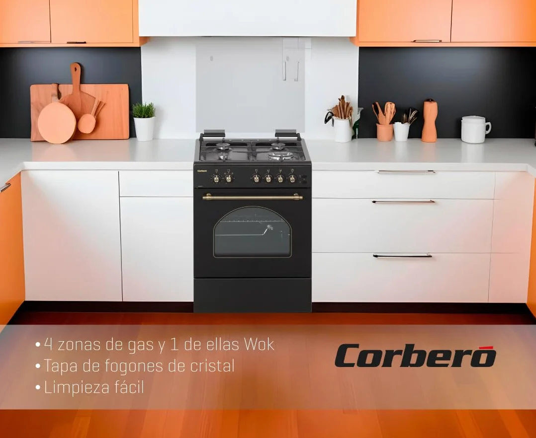 Corberó - Cocina de Gas Butano Excellence 60cm | CCSF6022NR | 4 Fuegos | Horno 55L con puerta triple cristal| Función Ruste pollos | Tapa Fogones Cristal| Wok con Quemado| Negro Rústica