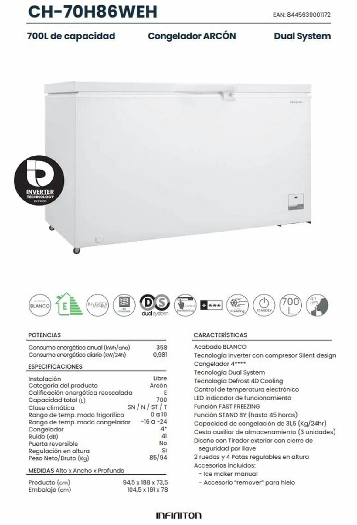 INFINITON Congelador Horizontal CH-70H86WEH, 700 Litros, 188 cm de Ancho, Inverter, FAST FREEZING, Cesto auxiliar de almacenamiento, E, Blanco