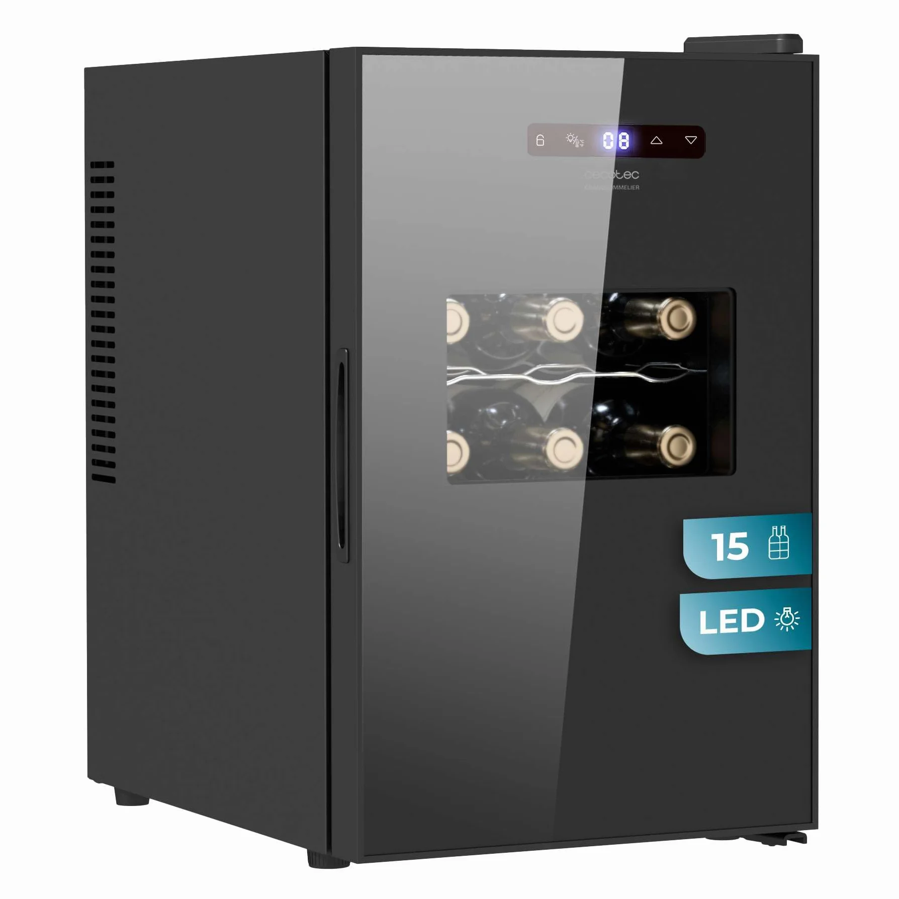 Cecotec Vinoteca Bolero GrandSommelier 1550 CoolCrystal. Bodega para 15 botellas, temperatura ajustable de 5-18ºC, enfriamiento termoeléctrico, silenciosa con 35 dB, panel táctil y LED eco-friendly.