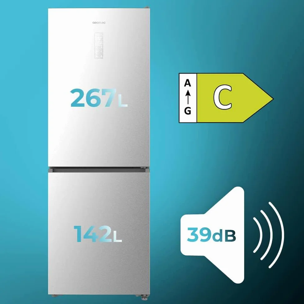 Cecotec Frigorífico Combi 409L Total No Frost Bolero CoolMarket Combi 409 Inox C. Altura 185cm, MAX INSIDE con VIP Tech, Compresor Inverter Plus, Bajo Consumo, Cajón Temperatura Variable, Inox