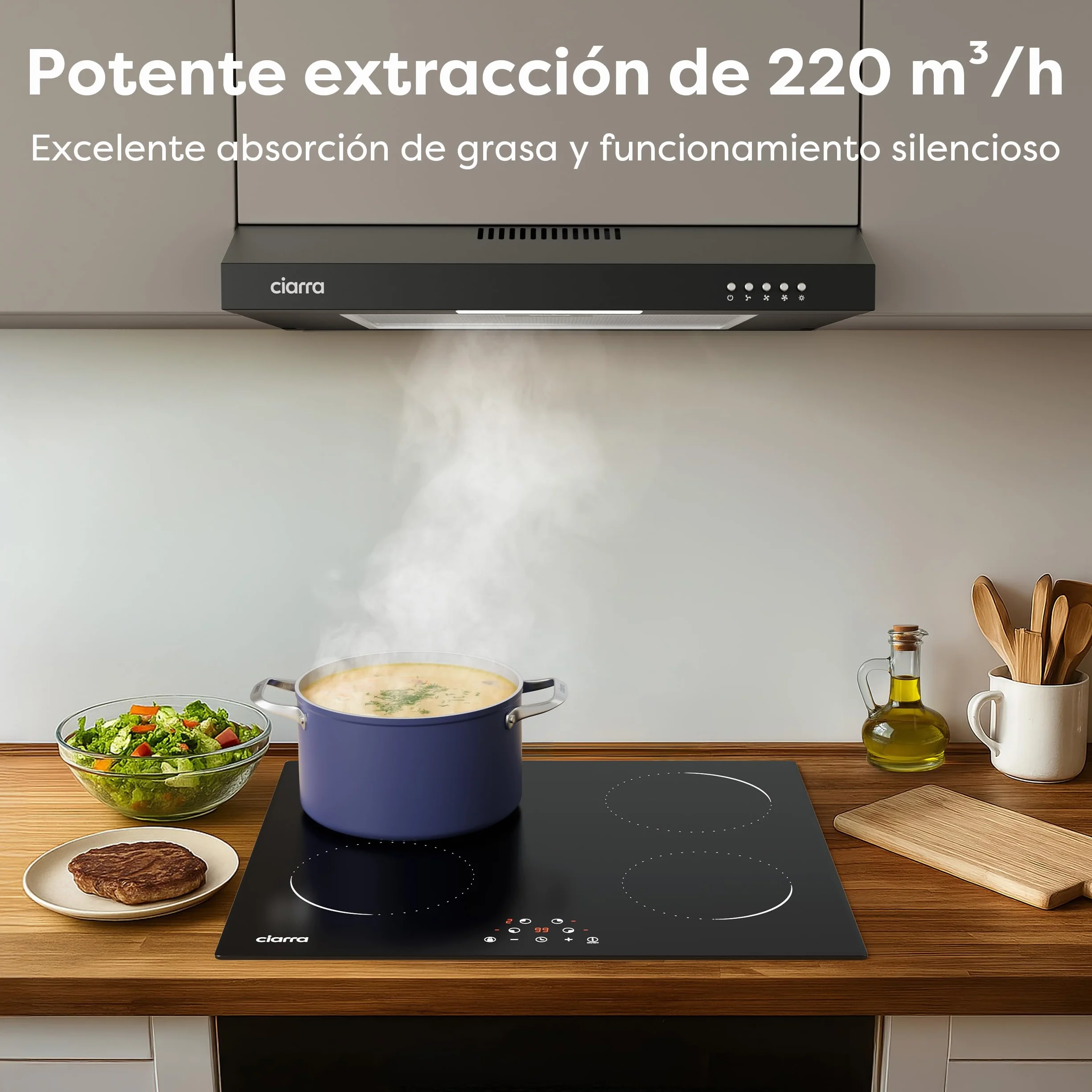 CIARRA CAB6903B Campana Extractora 60 cm Extractor Cocina 220m³/h 75W 3 Velocidades Cocina extractora integrada with Filtros de Aluminio