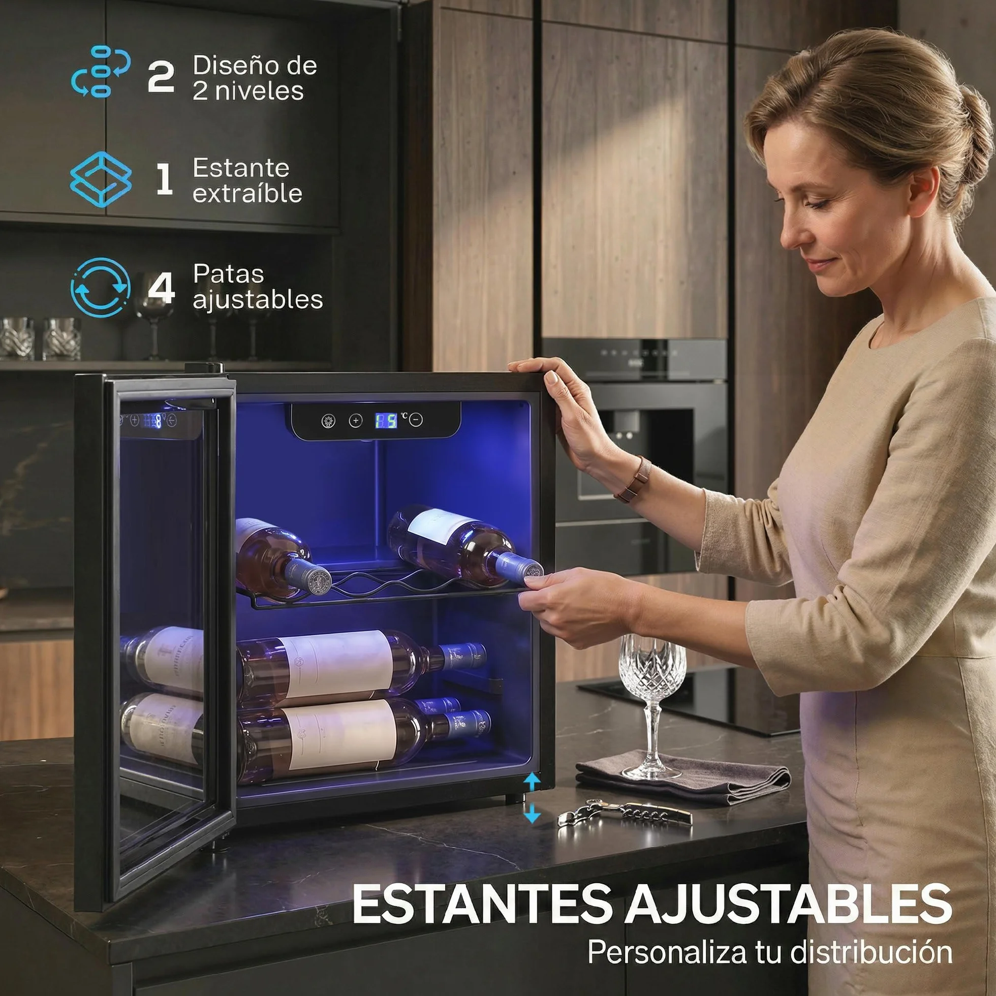 HOMCOM Vinoteca 12 Botellas, Nevera para Vinos con Capacidad de 36 L, Temperatura Ajustable 4-16℃, Puerta de Vidrio, Luz LED, Pantalla Táctil Digital, para Bebidas, Negro