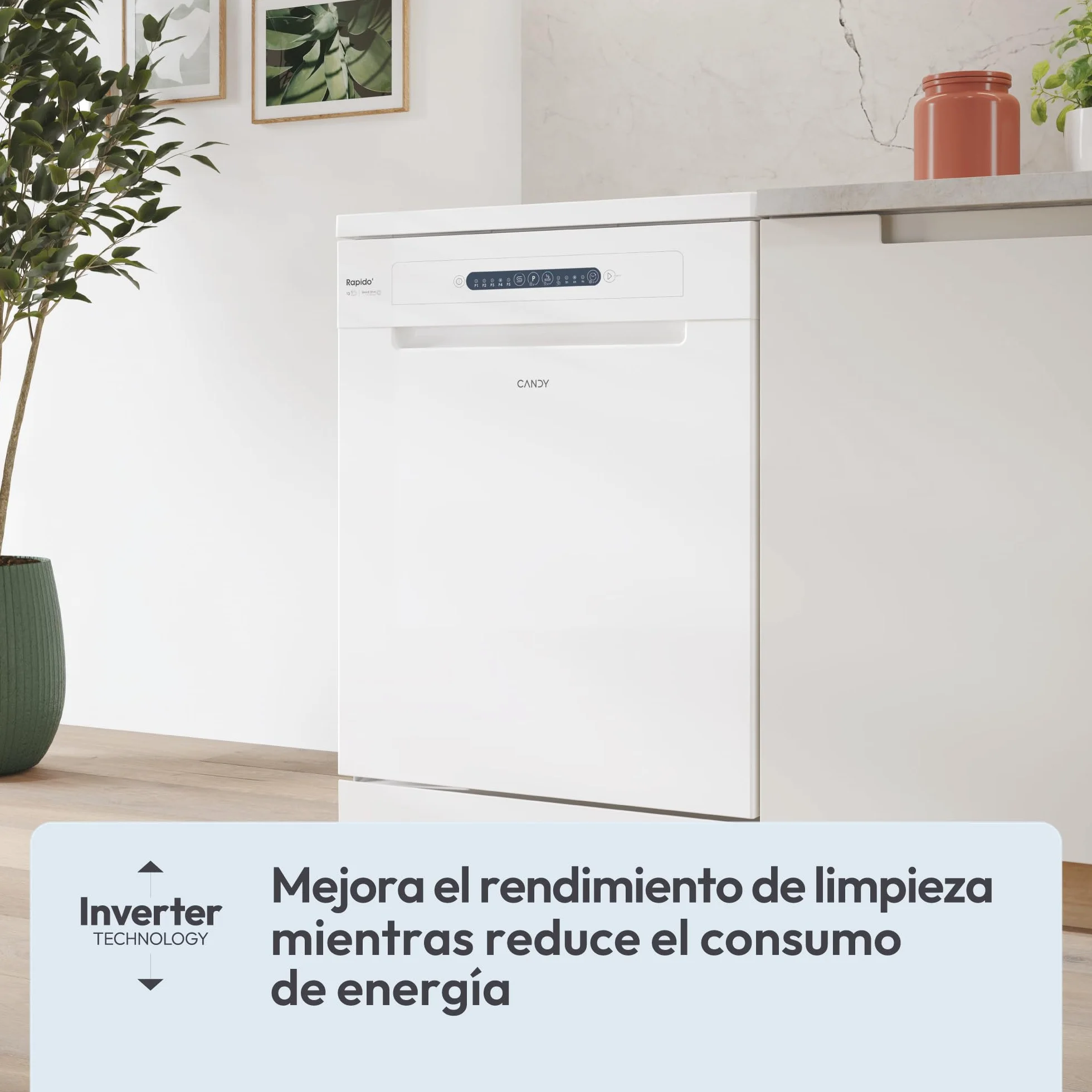 Candy Rapidò CF 3C7L1W Lavavajillas 60 CM, 13 Servicios, Wi-Fi, 5 Programas, Tercera Bandeja, Motor Inverter, Inicio Diferido 3-6-9 H, Indicador Sal y Abrillantador, 47DB, Blanco