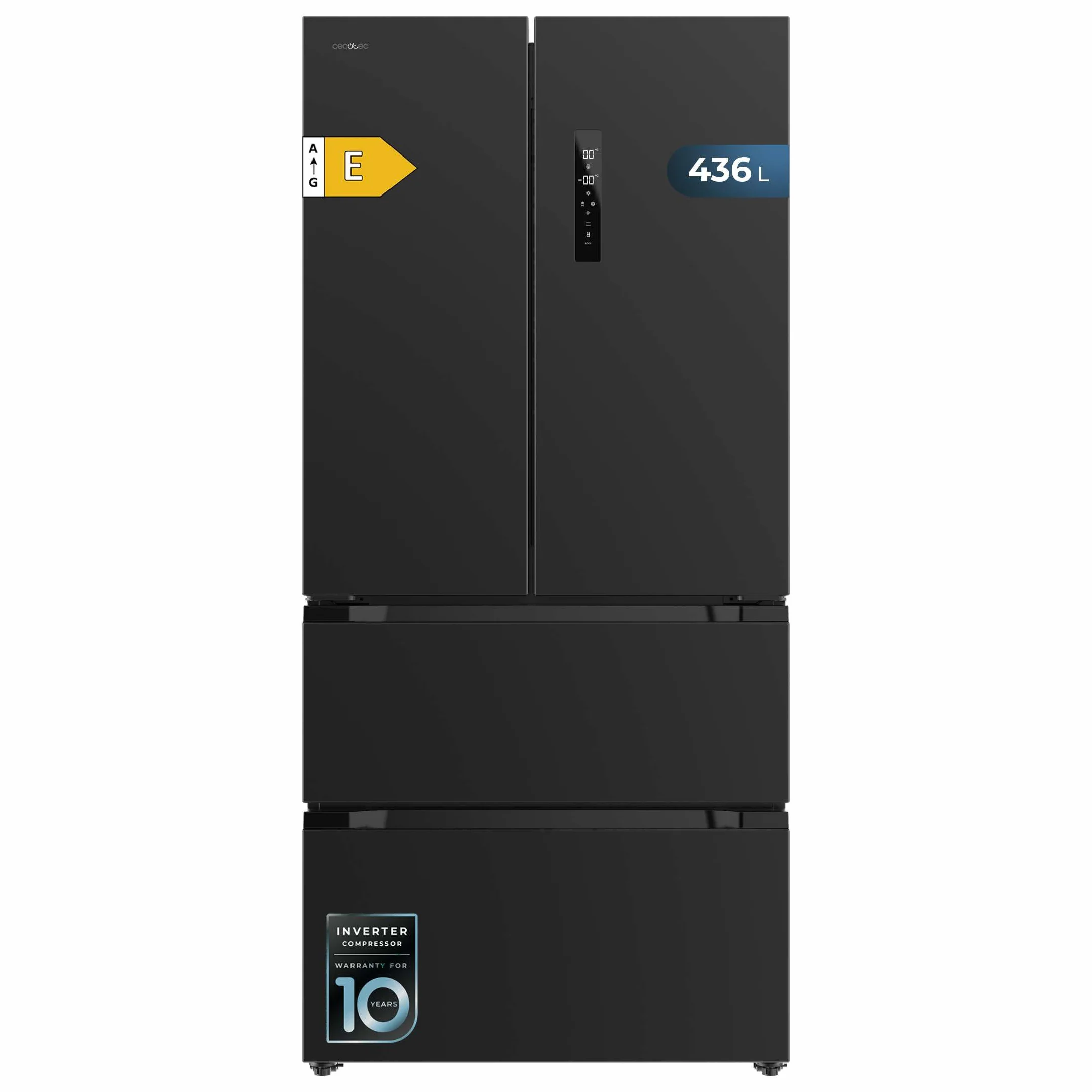 Cecotec Frigorífico puerta francesa Bolero CoolMarket FD 436 Dark E. Compresor Inverter Plus Frigorífico 4 Puertas Estilo Francés Dark 183X84Cm, 510L, No Frost, Clase Energética E, Metal Cooling