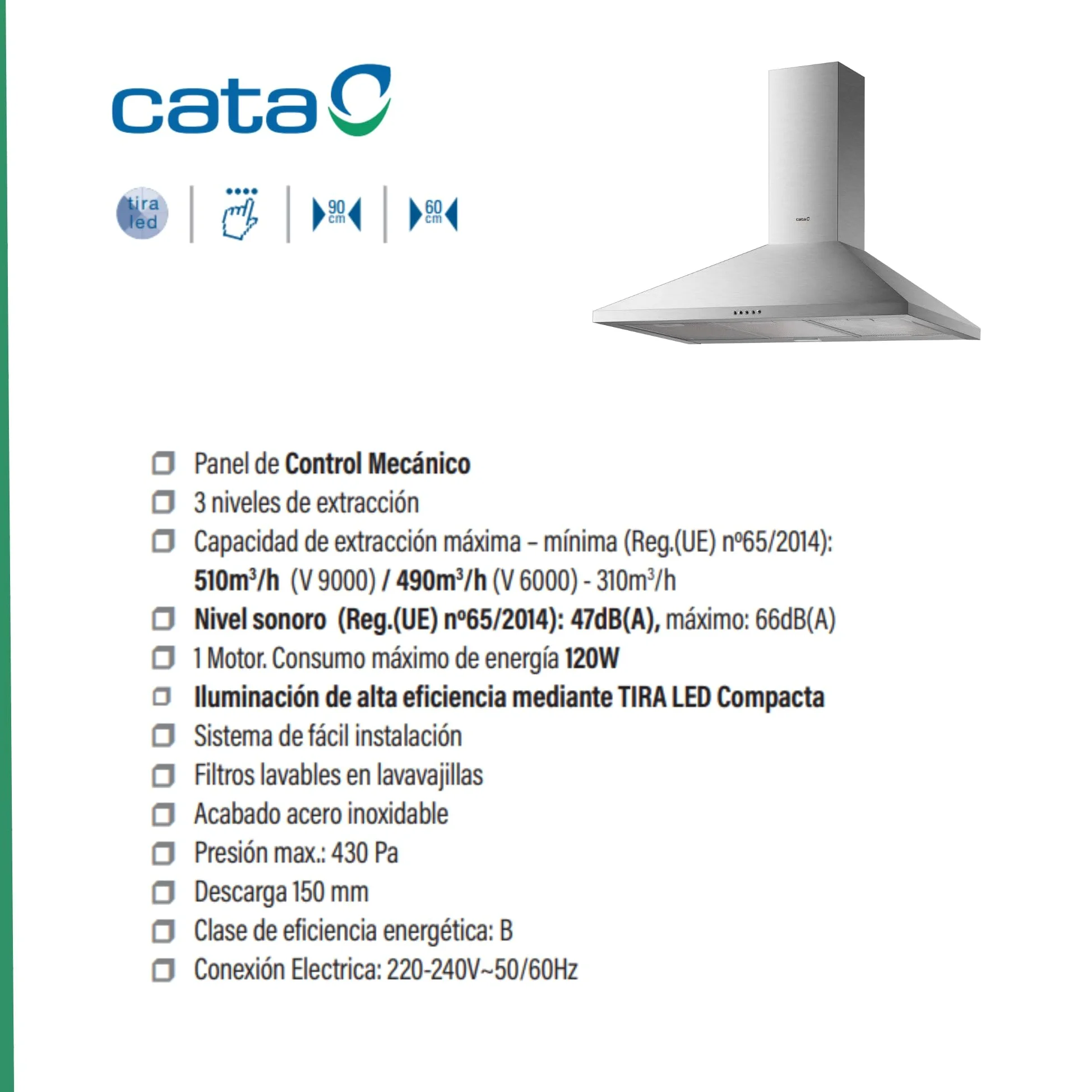 Cata Campana Extractora VZX 9000 X/A Campana de Pared Decorativo 90 cm Capacidad de Extracción de 510m3/h 3 niveles de Potencia Acabado en Acero Inoxidable