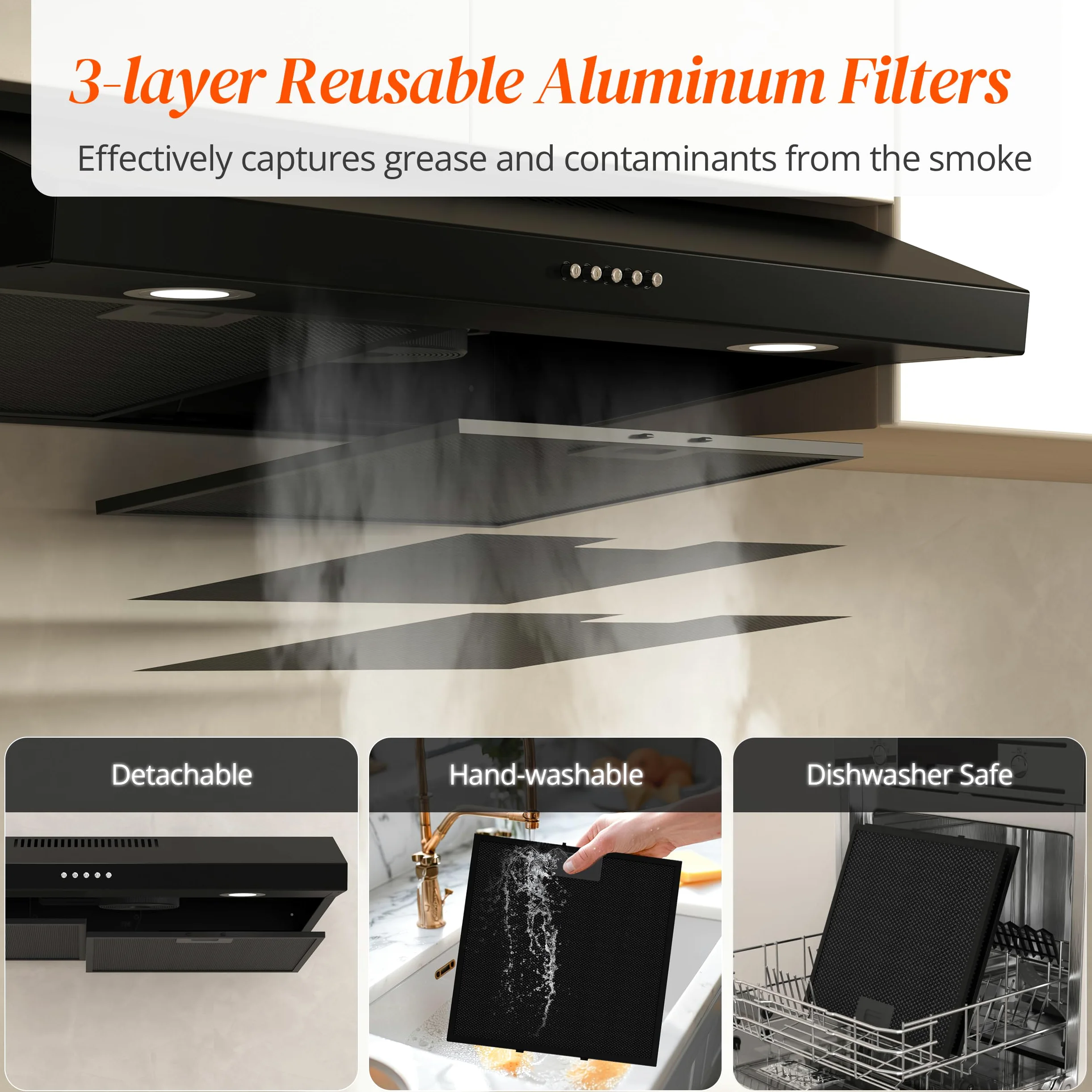 FIREGAS - Campana extractora negra de 30 pulgadas debajo del gabinete, campana de cocina convertible sin conductos, 300 CFM, ventilador de escape de 3 velocidades, motor DC sin escobillas, rejillas de