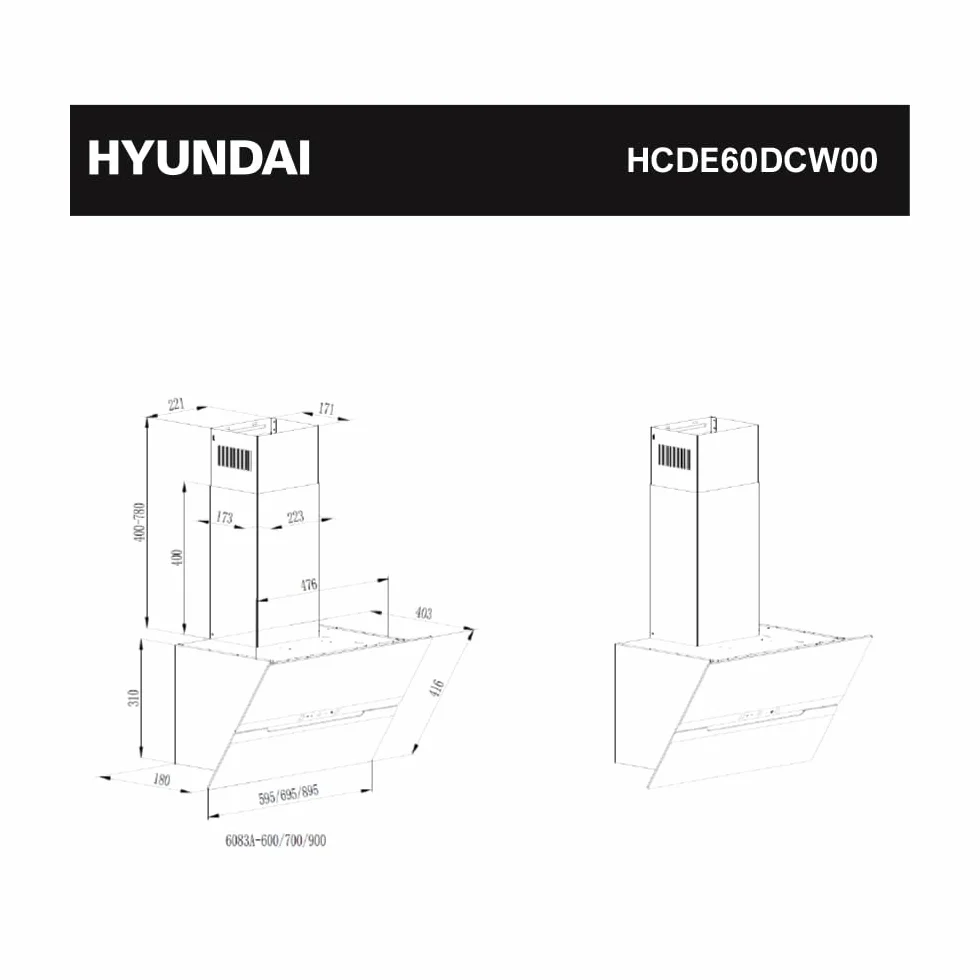 Hyundai Campana Extractora Inclinada 60cm, Cristal blanco, HCDE60DCW00. Potencia 831m3/h, 3 Velocidades, 2 Filtros, 64 dB Nivel Sonoro, Control Táctil, Filtros aptos para Lavavajillas