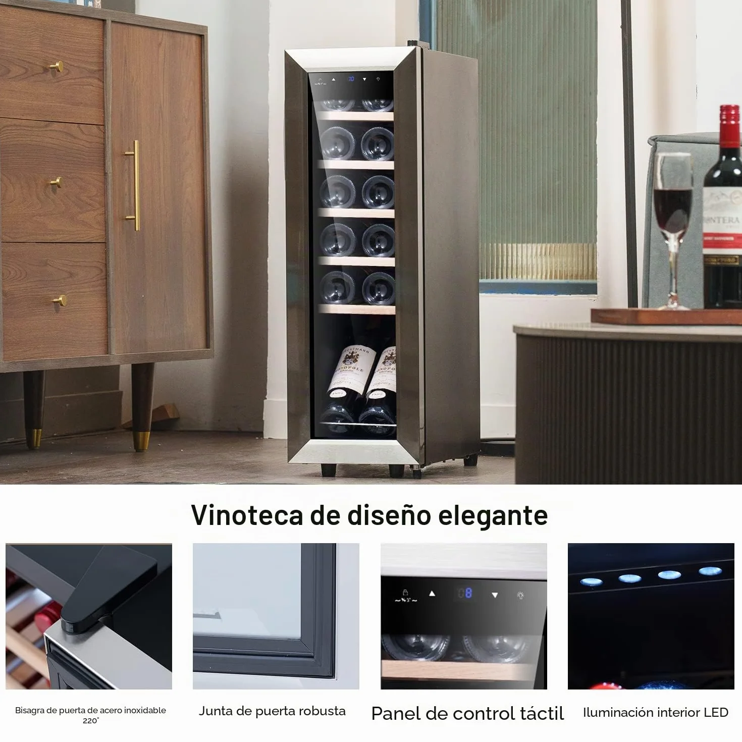 Kalamera Nevera pequeña para vino, 5 – 18 °C, compresor, 12 botellas, almohadillas de madera extraíbles, 35 litros, KRC-35FCSS Vinoteca