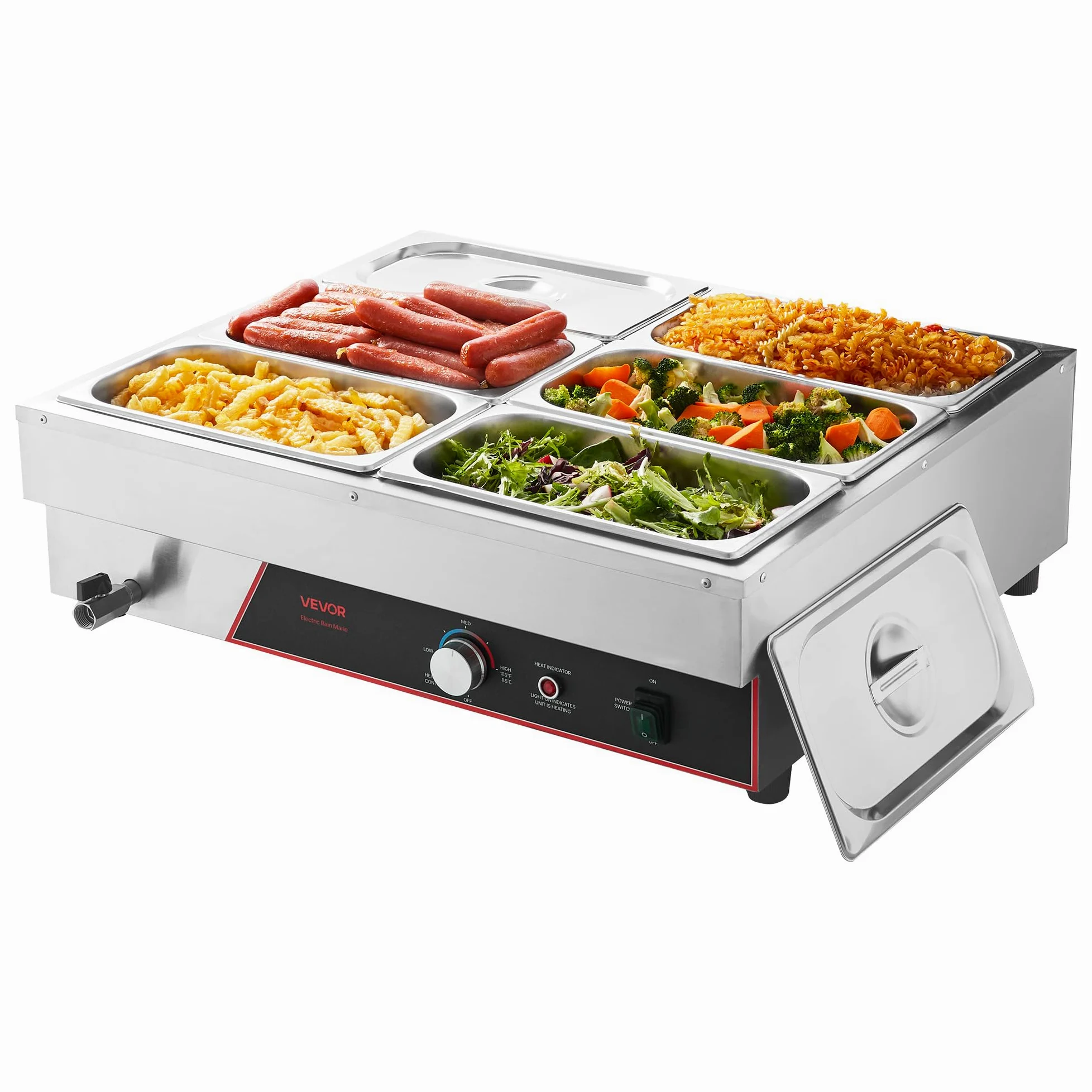 VEVOR Calentador de Alimento, con 6 Recipientes de 1/3 de Tamaño y Cable de Alimentación, de Acero Inoxidable, 1500 W, por Baño María, para Restaurantes, Fiestas y Buffets, 690 x 570 x 220 mm