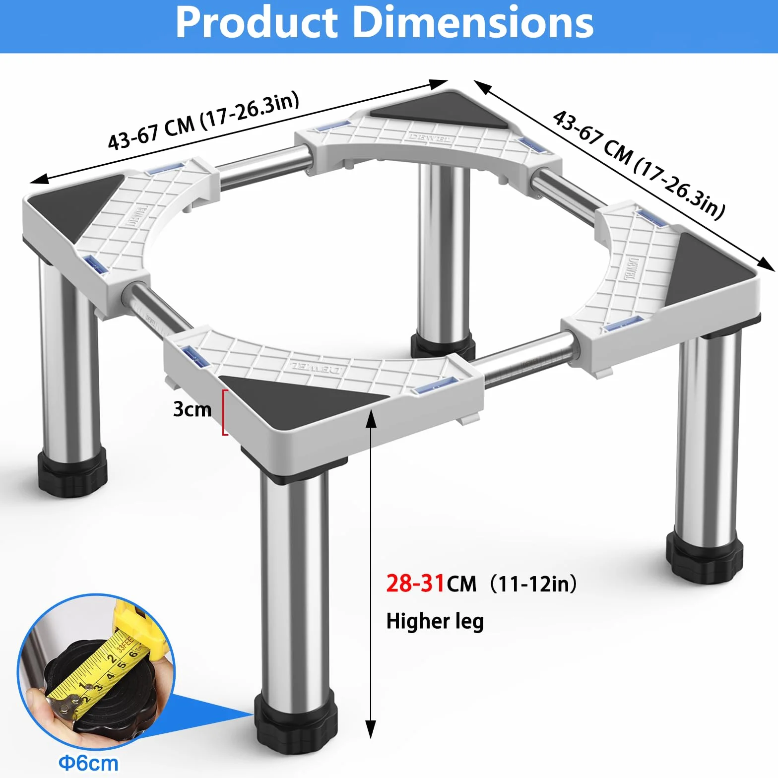 DEWEL Base para Refrigerador altura 28-31cm Ajustable Base Lavavajillas Base para Soporte Frigorifico Congelador Gabinete de Cocina y Electrodomésticos Estáticos, Largo/Ancho 45-67cm, Blanco