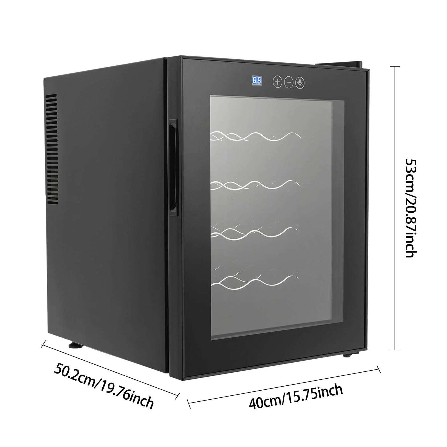Nevera para vino, 20 botellas, 48 L, iluminación LED, enfriador de vino, pantalla táctil, puerta de cristal reforzada, vino independiente, rango de temperatura 12 – 18 °C, 50,2 x 40 x 53 cm