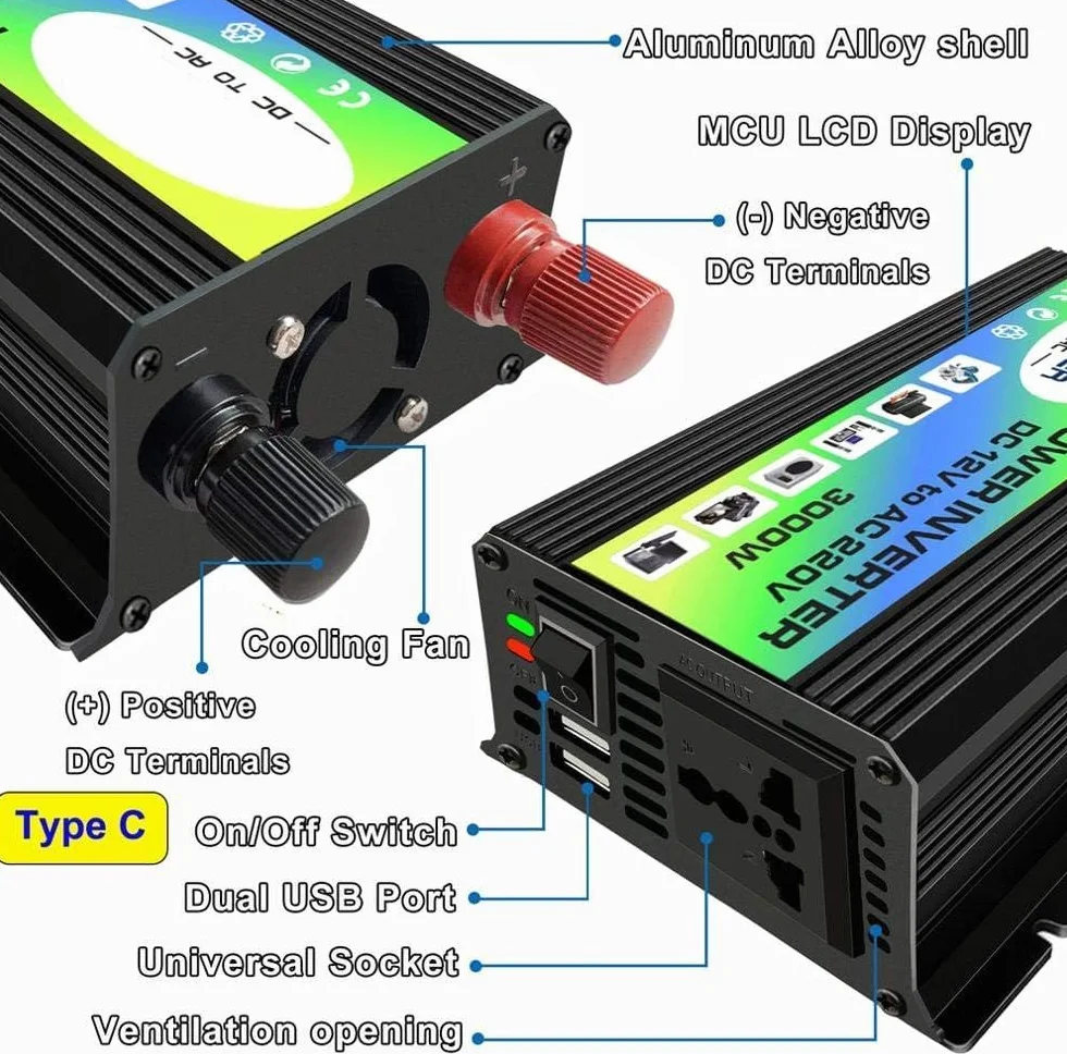 Inversor,Inversor Onda Pura 3000W 12V a 220V / 110V ACTUALIZADOR DE POTERA DEL CAPA CONVERADOR ADAPTADOR DE CARGADOR DE USB DUAL USB Transformador de voltaje modificado