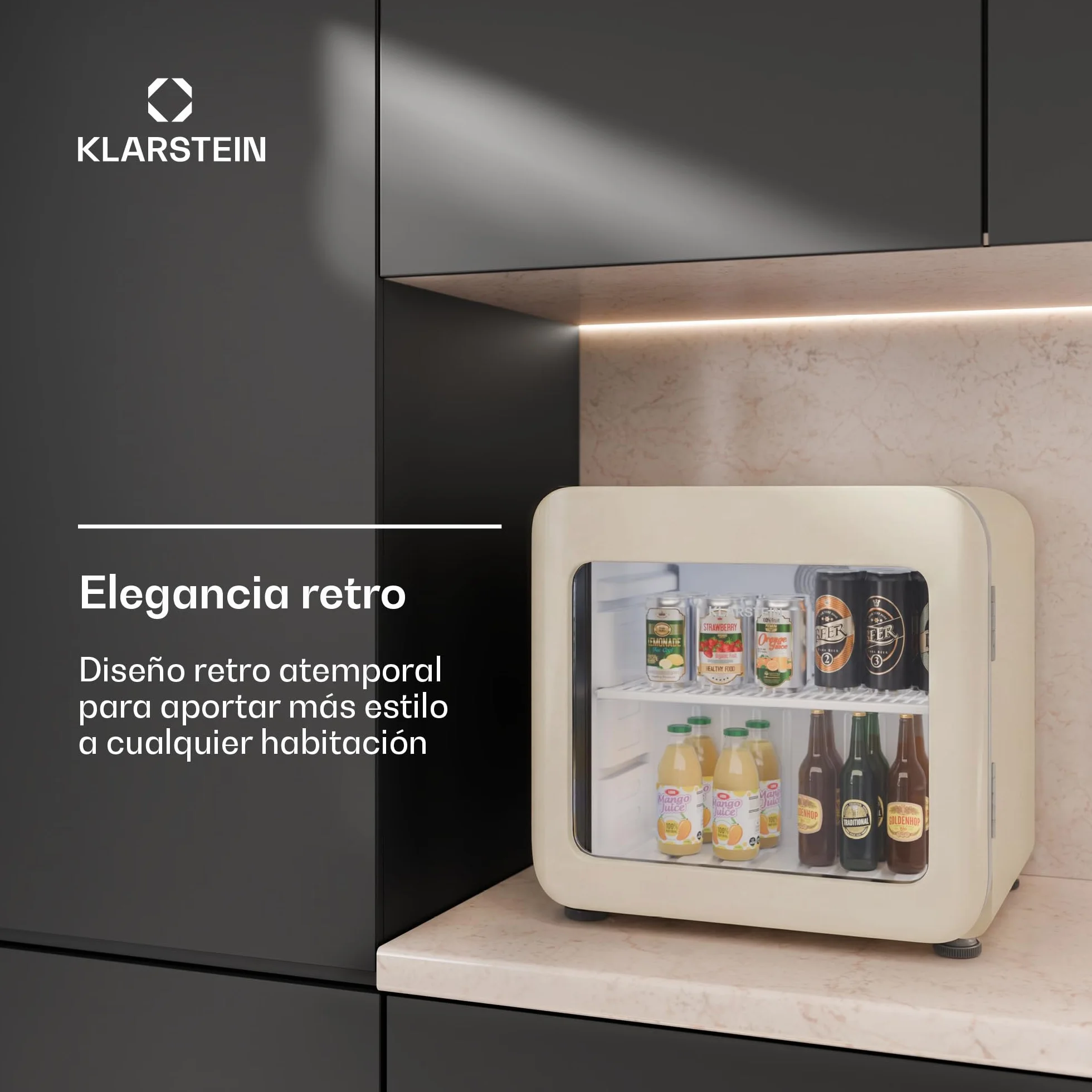 KLARSTEIN Nevera para bebidas Audrey Evo 45 L – Nevera para bebidas con puerta de cristal, luz LED, temperatura ajustable de 0 a 10 °C, funcionamiento silencioso