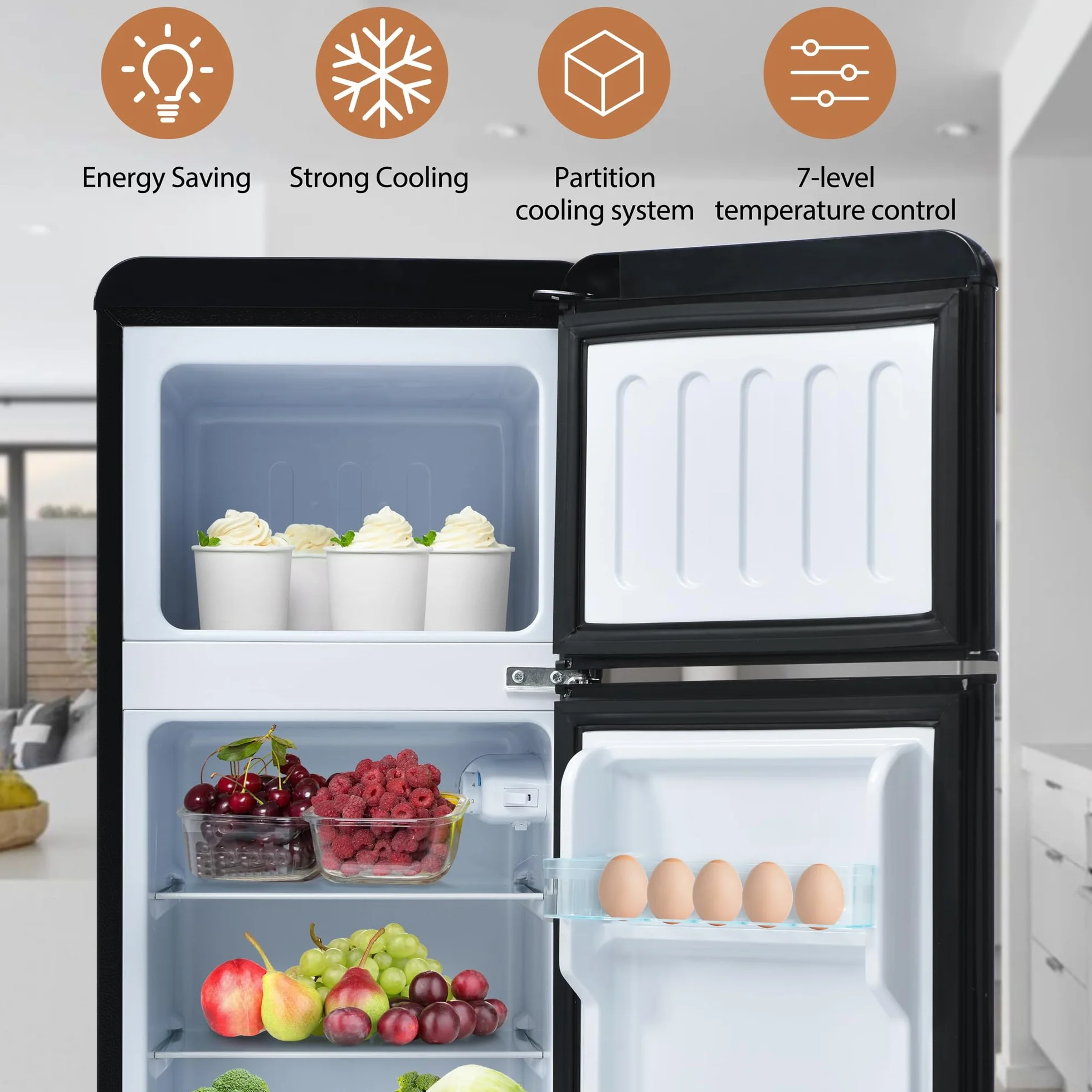 Frigorífico Mini 92L, Frigorifico Pequeño con Congelador (28L+64L), Frigorifico Combi con LED, 105,5x41x45,5 cm Frigorífico no Frost con 2 Estantes Ajustables, 116 kWh/año, -27°C∽13°C (Black)