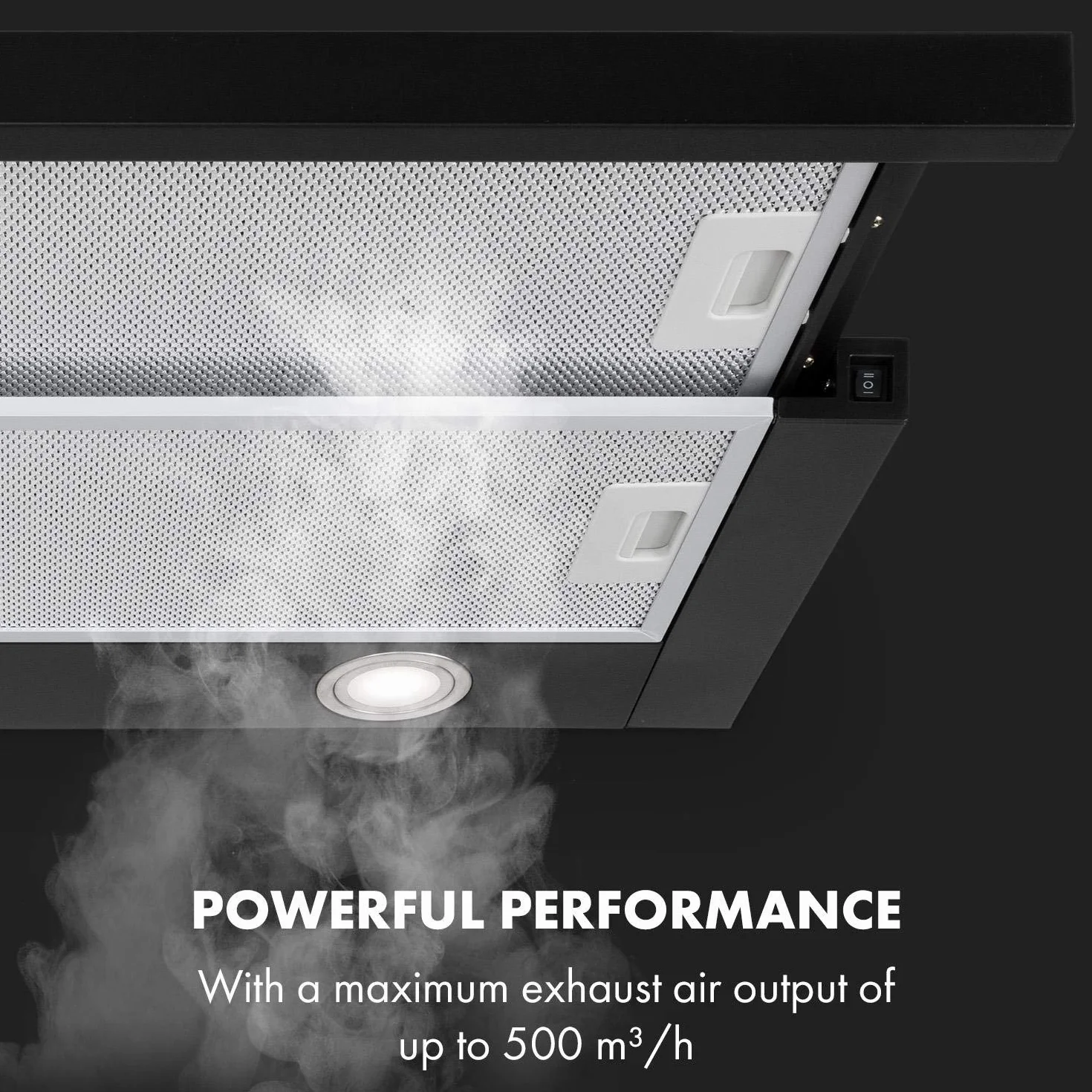 Klarstein Mariana - Extractor de humos plano extraíble, Extracción máx. 500 m³/h, Apto para ventilación y extracción, Potencia 150 W, Iluminación LED, Para montar bajo los muebles, 60 cm, Negro