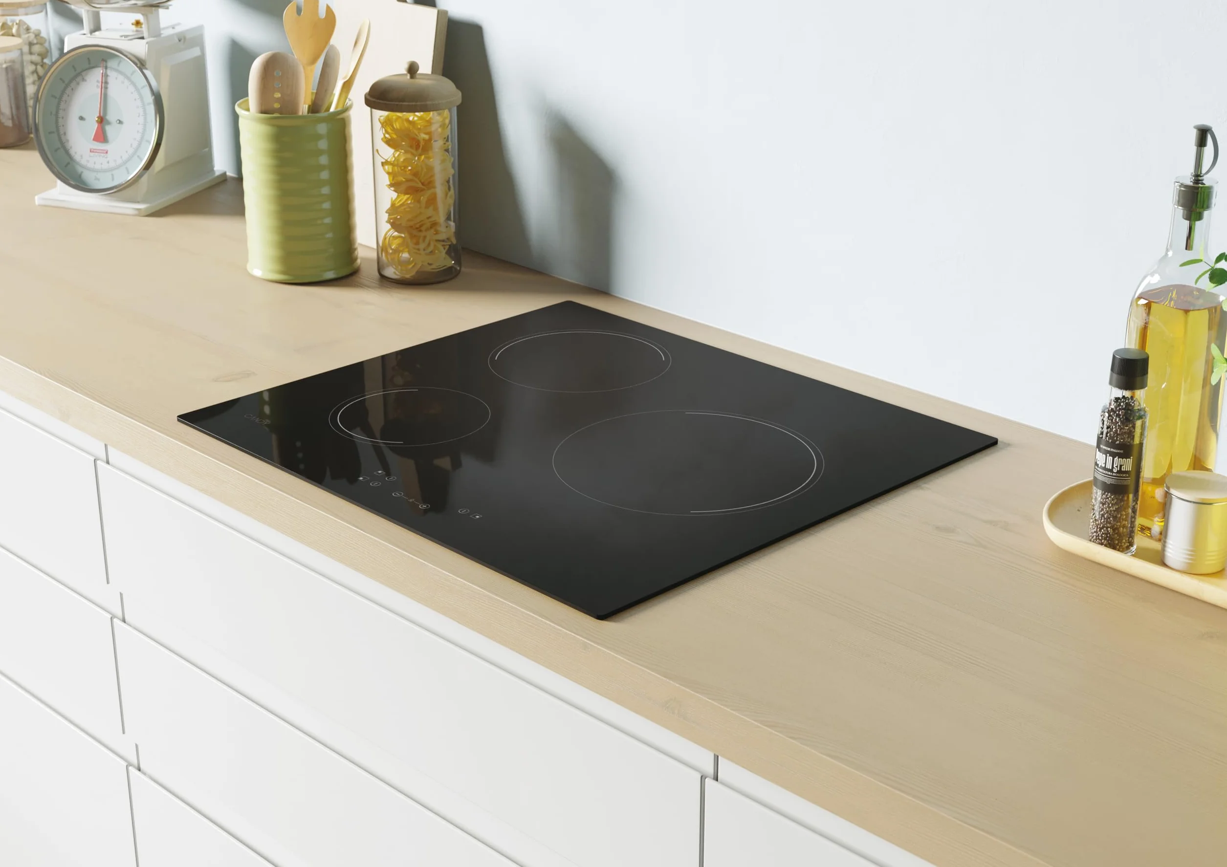 Candy Timeless CH63CC, Vitrocerámica, Tres Zonas, Fuego Grande 25CM, Ancho 59CM, 10 Niveles de Potencia, 5500W, Mandos Centrales, Bloqueo Seguridad, Alerta Sobrecalentamiento y Derrames, Negro