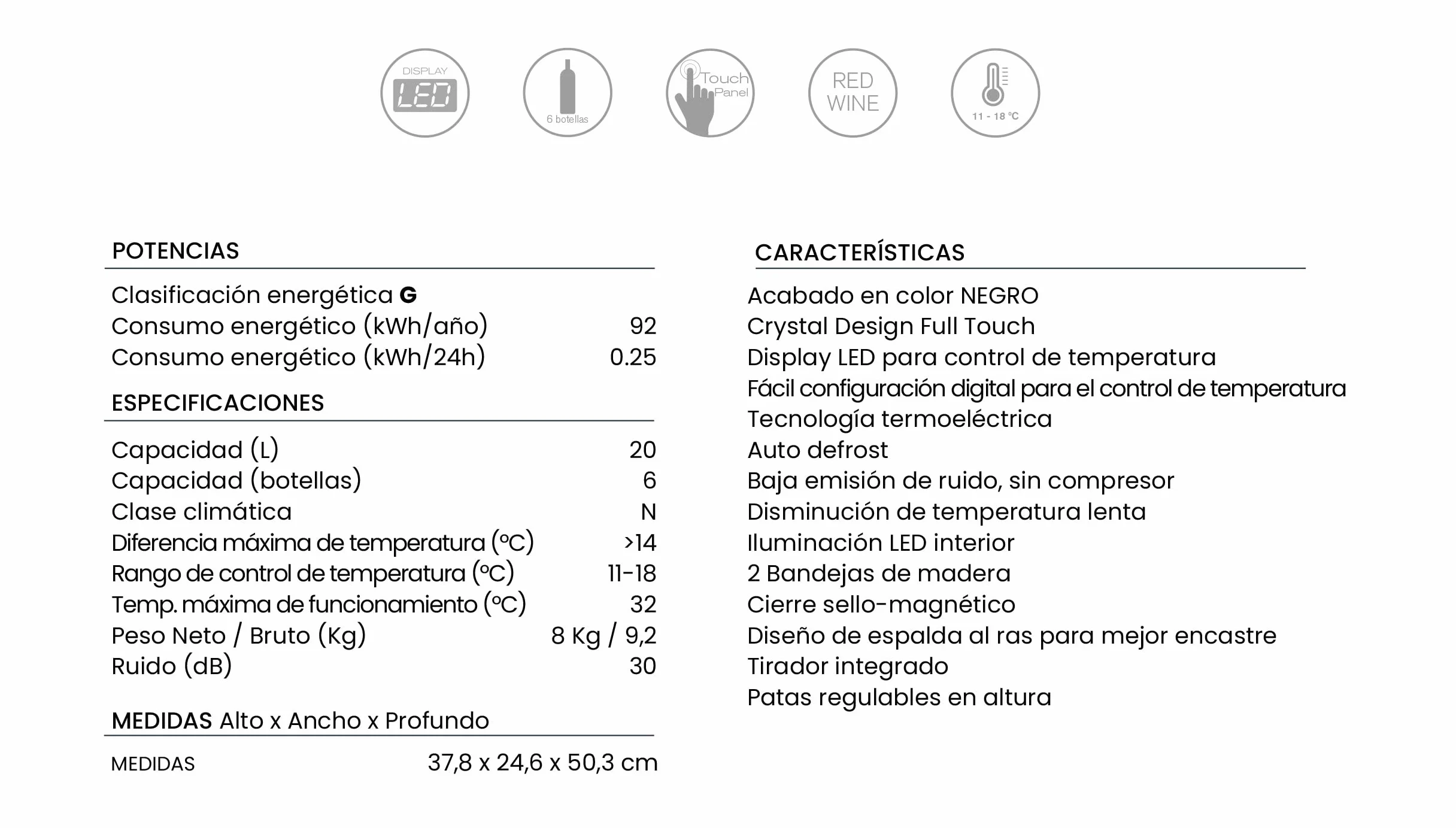 INFINITON WCL-A6BN – Vinoteca, Negra, 20 litros, capacidad 6 botellas, Estantes de madera, Display LED, Control táctil, luz LED interior, Baja emisión de ruido