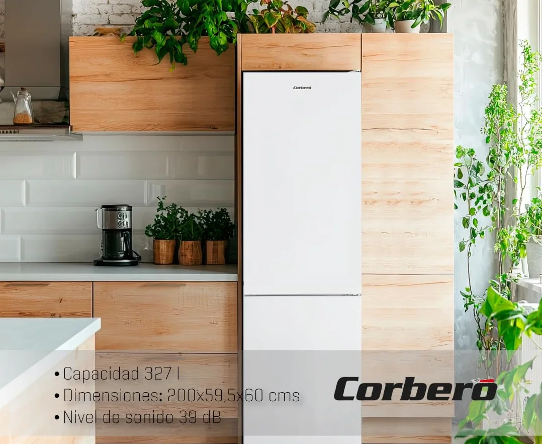 Corberó - Frigorífico Combi | CC200V24NFW | 327L | 60x59,5x201 | No Frost, Luz LED, Crisper, Balcones Ajustables, Estantes de Cristal, Huevera | 39 Db | Blanco