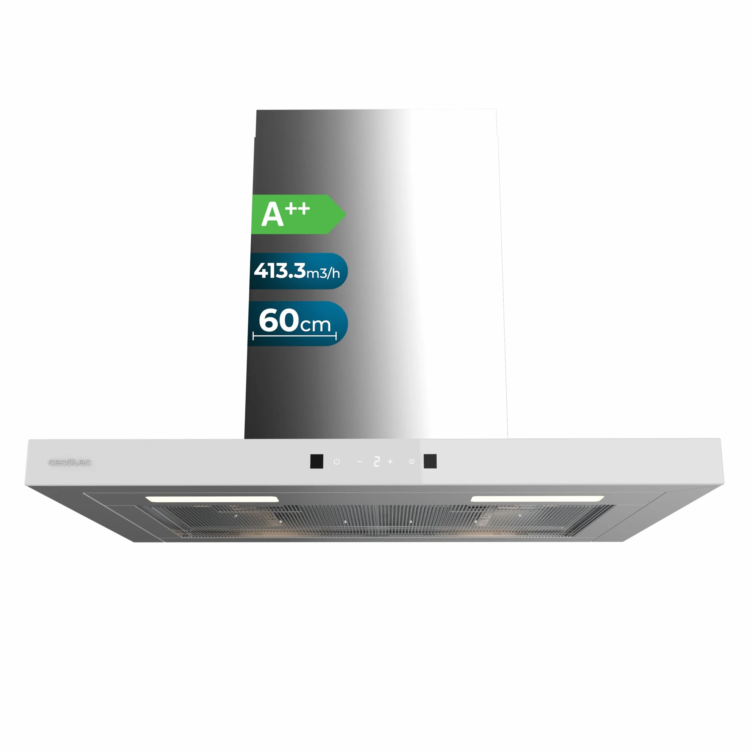Cecotec Campana Extractora en forma de T Bolero Flux TT 604400 Inox A++, 60cm, 413,3m³/h de succión, Clase A++, Control Táctil Invisible, Hand Movement Control, Función Booster, Filtros Lavables