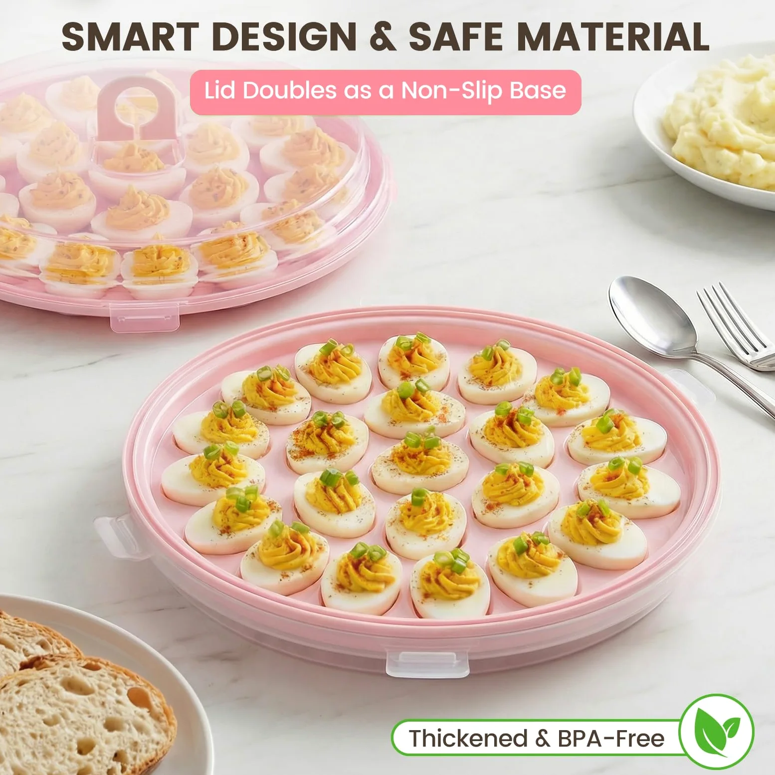 HANSGO Bandeja de huevos diablos, soporte redondo rosa para huevos con tapa, portador portátil para acampar, Pascua, señoras, cocina, refrigerador, 22 ranuras para huevos