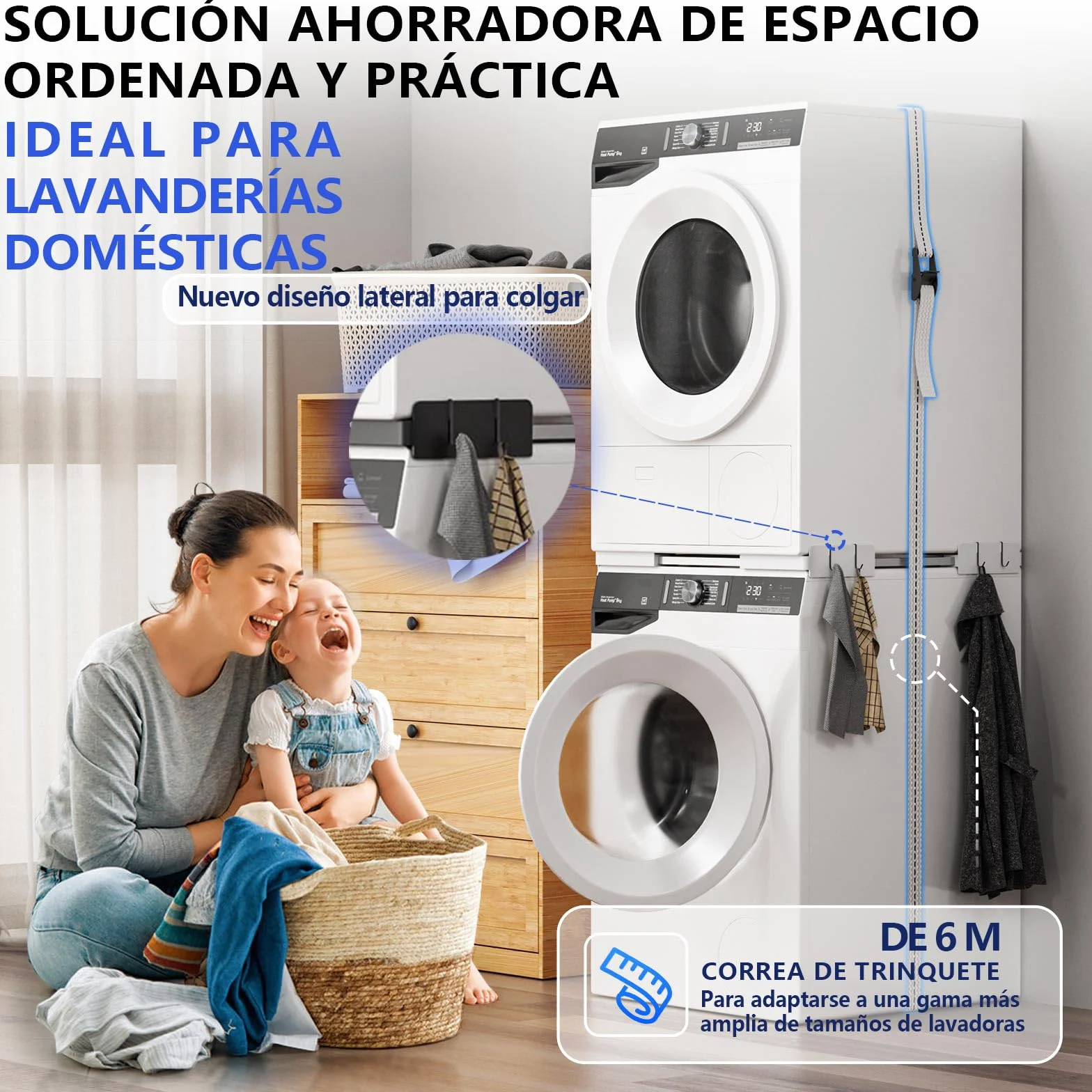 Slimline - Kit de apilamiento para Lavadora y Secadora, Marco Universal para electrodomésticos de 45-68 cm, diseño Que Ahorra Espacio con Correa de trinquete y 4 Ganchos multifunción (Blanco)