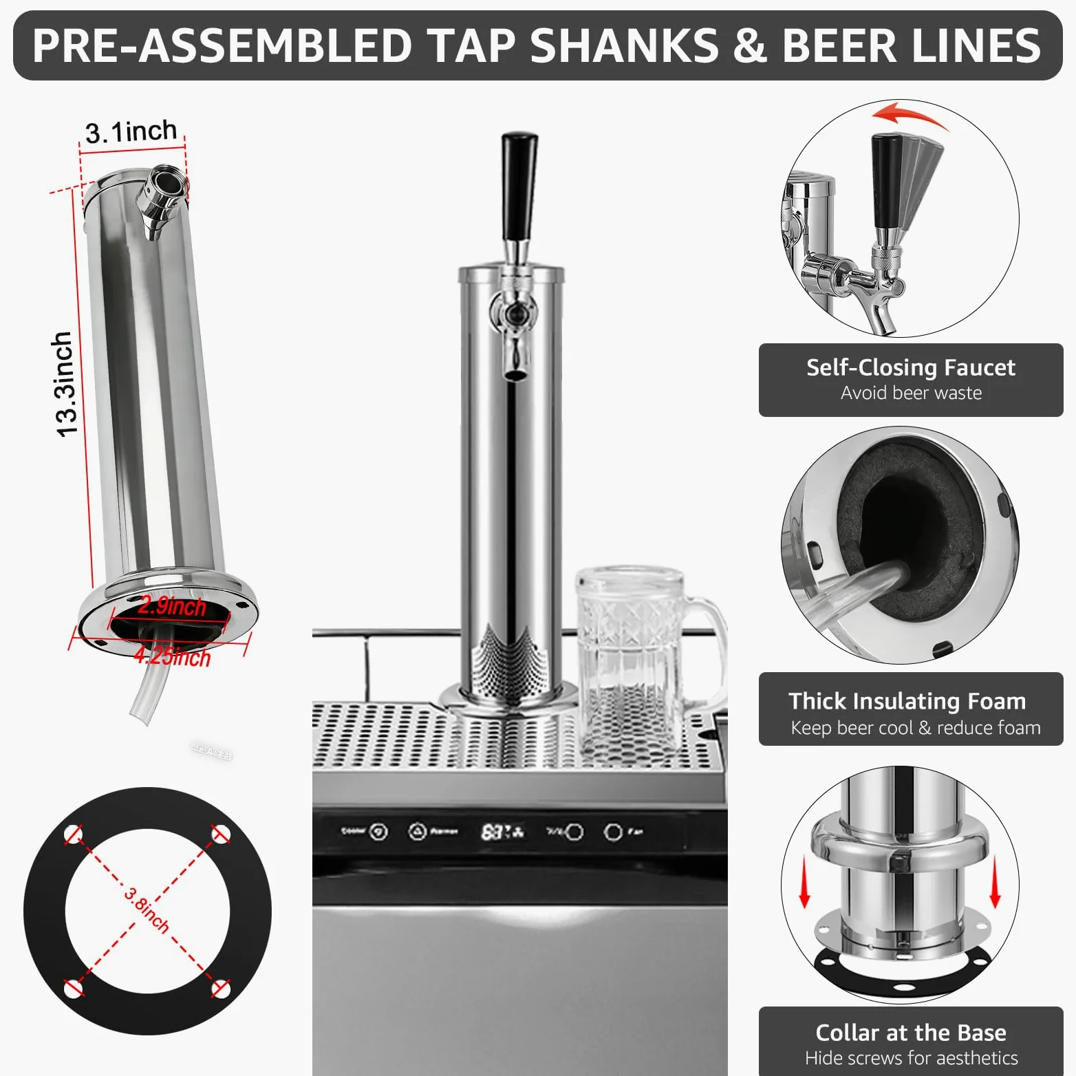 Torre de grifo de cerveza Kegerator de un solo grifo con bandeja de goteo de cerveza de acero inoxidable, torre de barril de cerveza preinstalada con bandeja de goteo de barril de piezas Kegerator