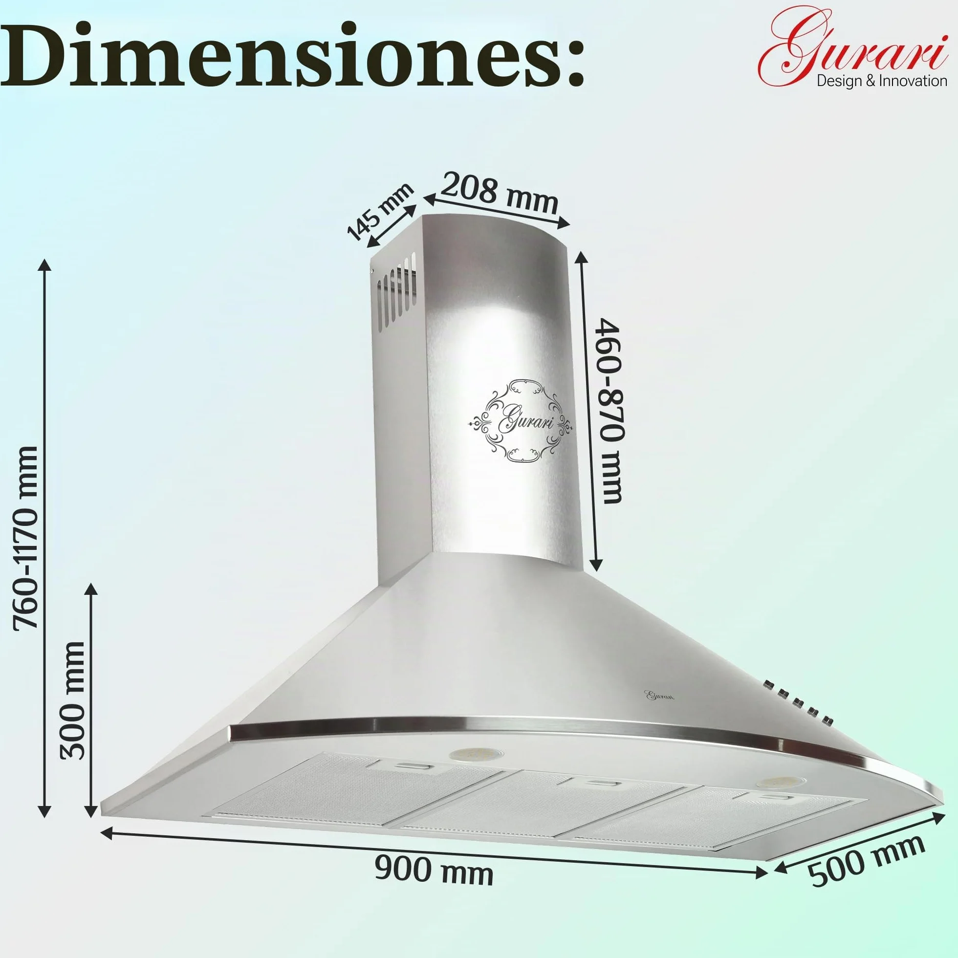 Gurari 046 IS Campana Extractora de Pared 90 cm • 1000 m³/h • Lujo • 3 Velocidades • LED • Acero Inoxidable • Recirculación Posible