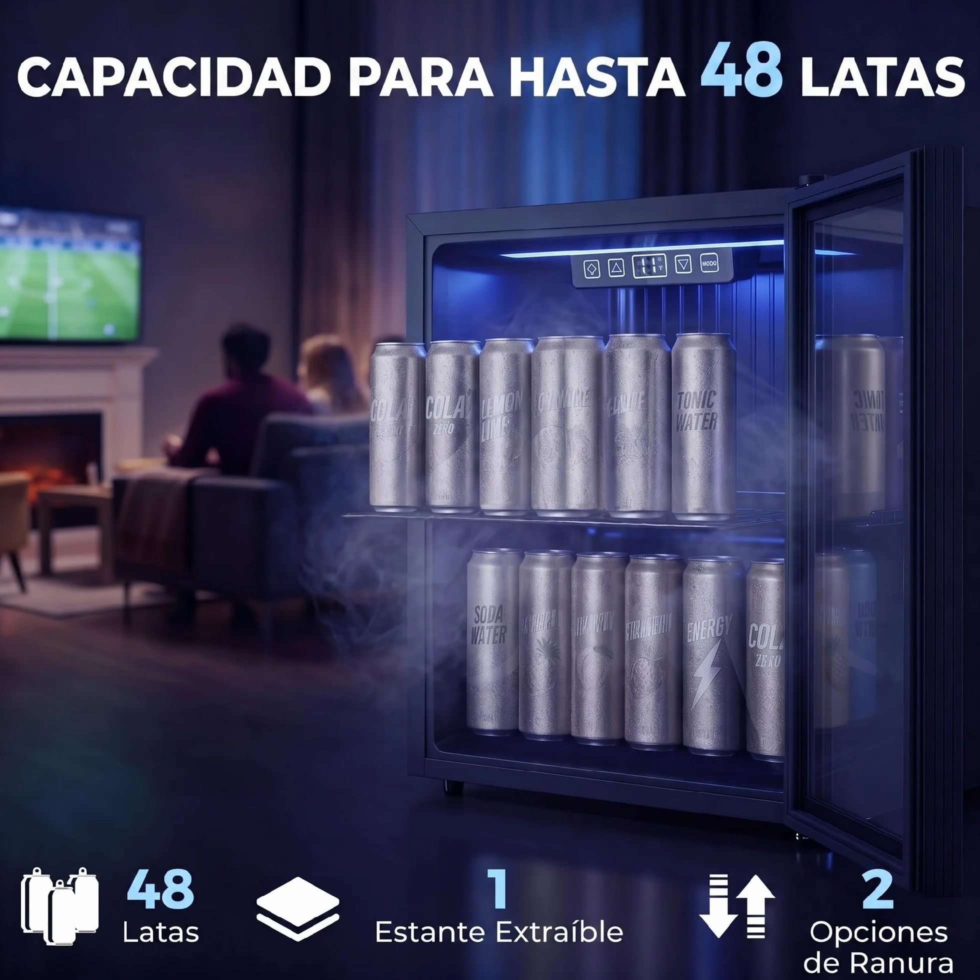 HOMCOM Frigorífico de Bebidas 50 L, Mini Nevera con Puerta de Vidrio Doble, Iluminación LED, Estante Ajustable, 2-18℃, para 48 Latas, Nevera Pequeña para Refrescos, Cerveza y Vino