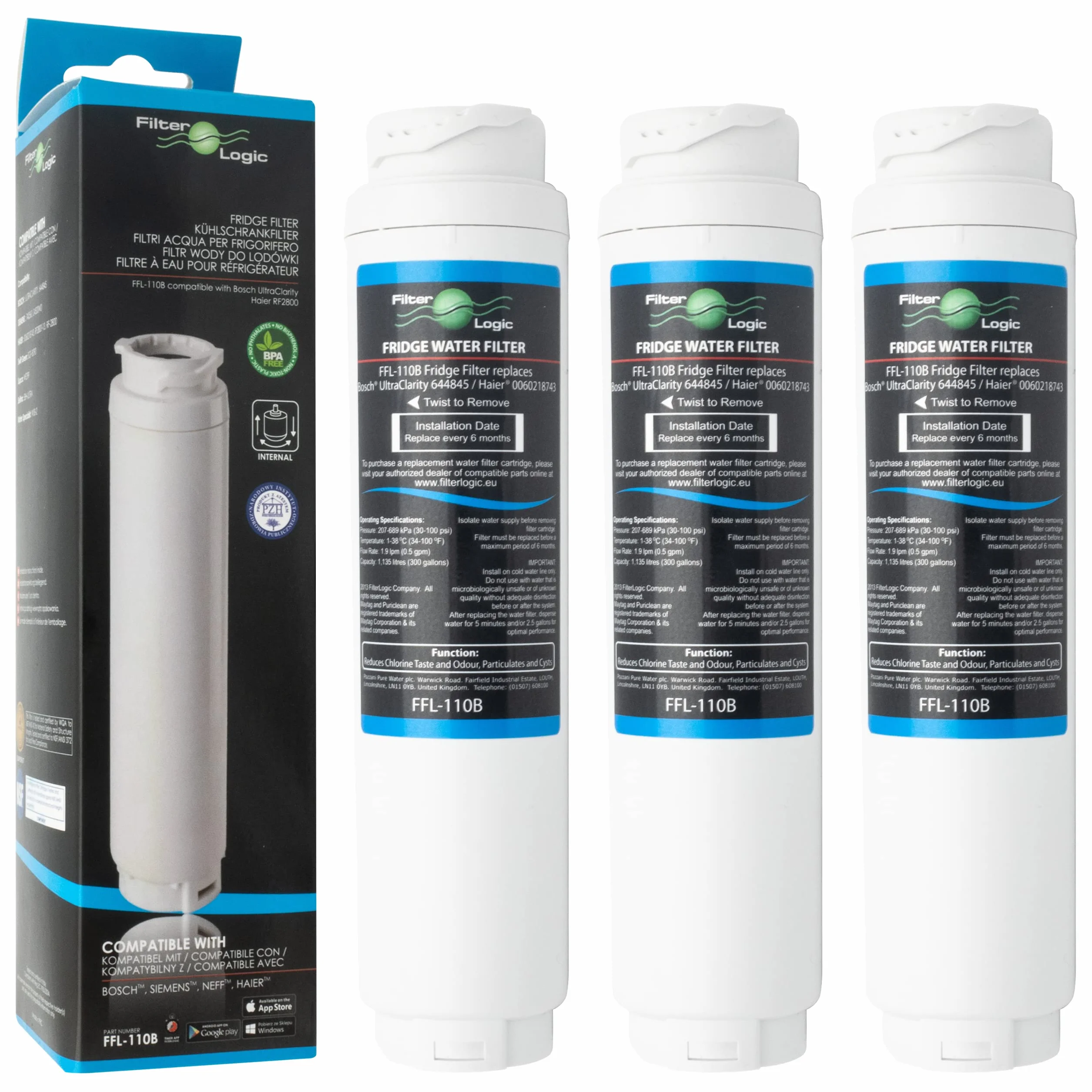 FilterLogic FFL-110B | 3x Filtro de agua compatible con BALAY SIEMENS BOSCH NEFF UltraClarity 11034151 KSZ50UC0 Cartucho filtrante para frigorífico americano Ultra Clarity carbón cativo Water Filter