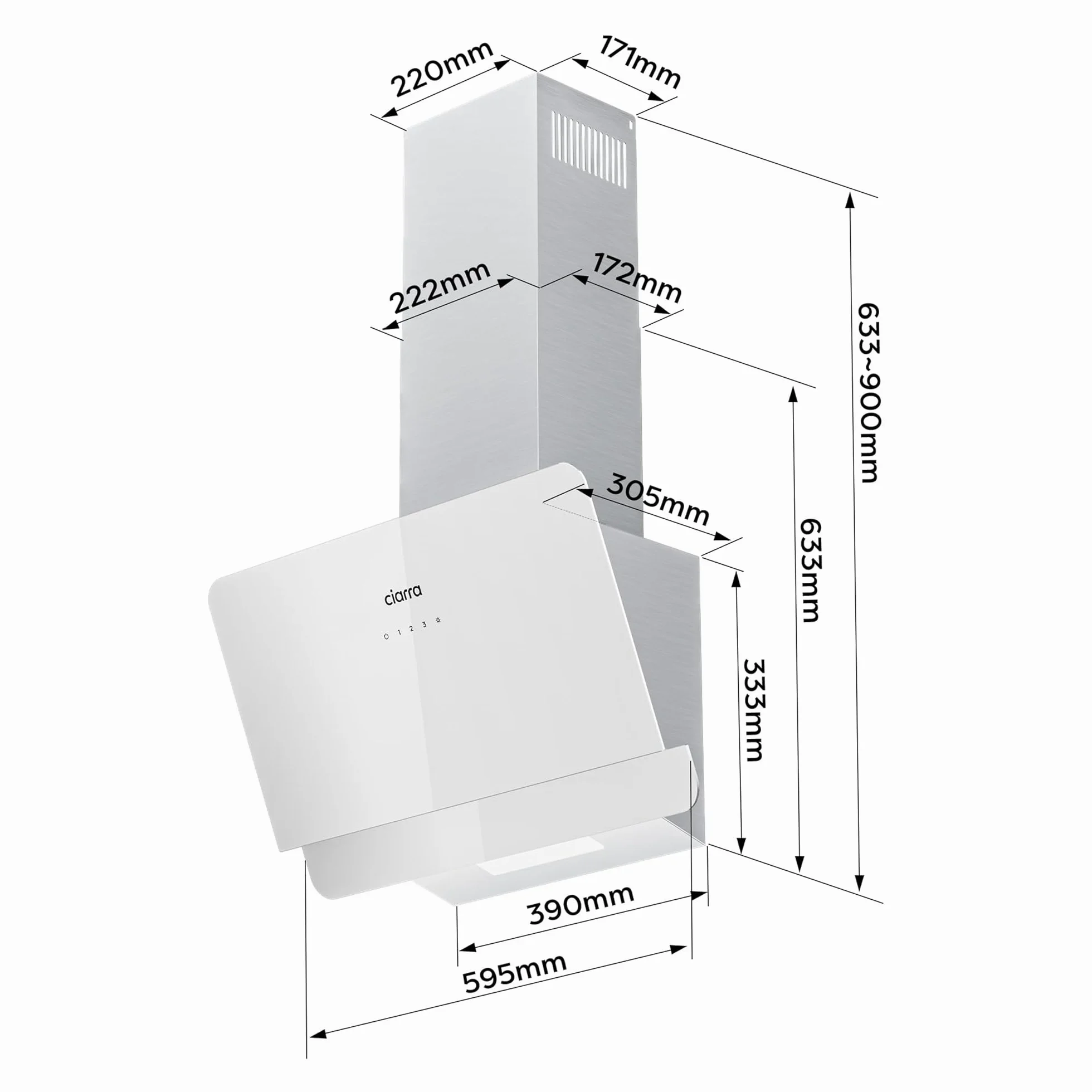 Ciarra CBCS6765C Clase A+ Campana Extractora 60 cm 580 m³/h Blanco | 3 Velocidades - Modo Reciclaje o Evacuación - Filtro de Carbón CBCF055 Incluido - Control Táctil - Panel de Cristal