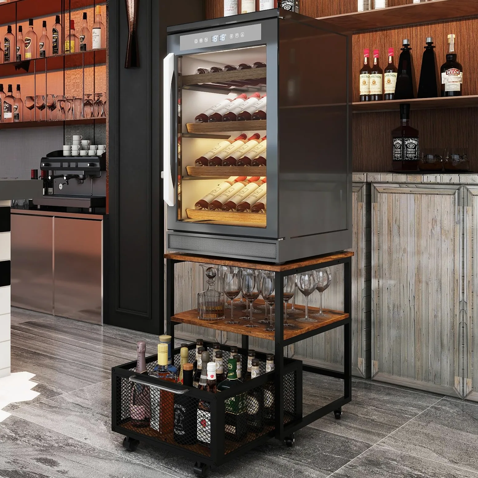 PUNCIA Soporte para Mini Nevera 3 Niveles con Cesta Metálica para Oficina | Mueble Mesa para Frigorífico con Base Móvil para Refrigerador con Ruedas Estante de Almacenamiento con Cajón Cocina Salón