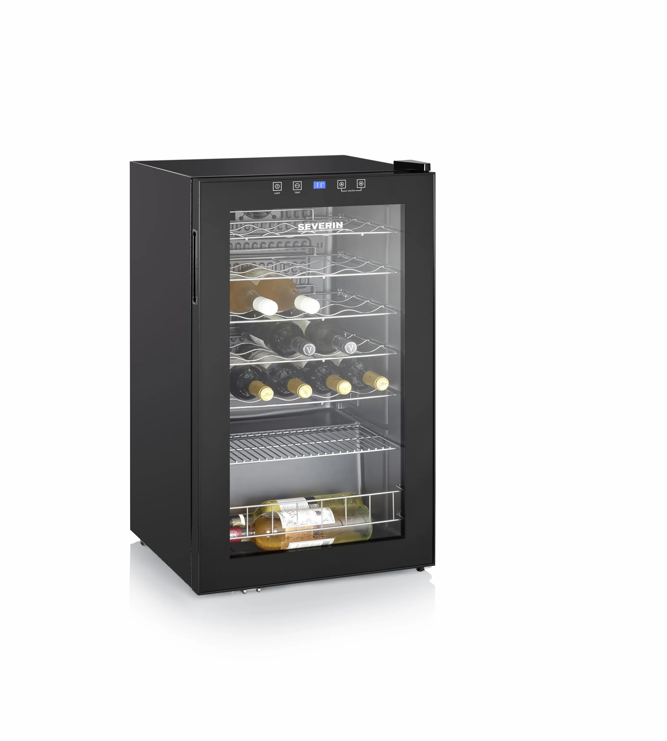 SEVERIN WKS 8908 Vinoteca para 33 Botellas, 95 L, Temperatura: 5° y 18°C, Nivel de Ruido 43 dB(A), Puerta de Cristal y Marco de Plástico y 6 Estantes cromados, 5 de Ellos Regulables en Altura, Negro