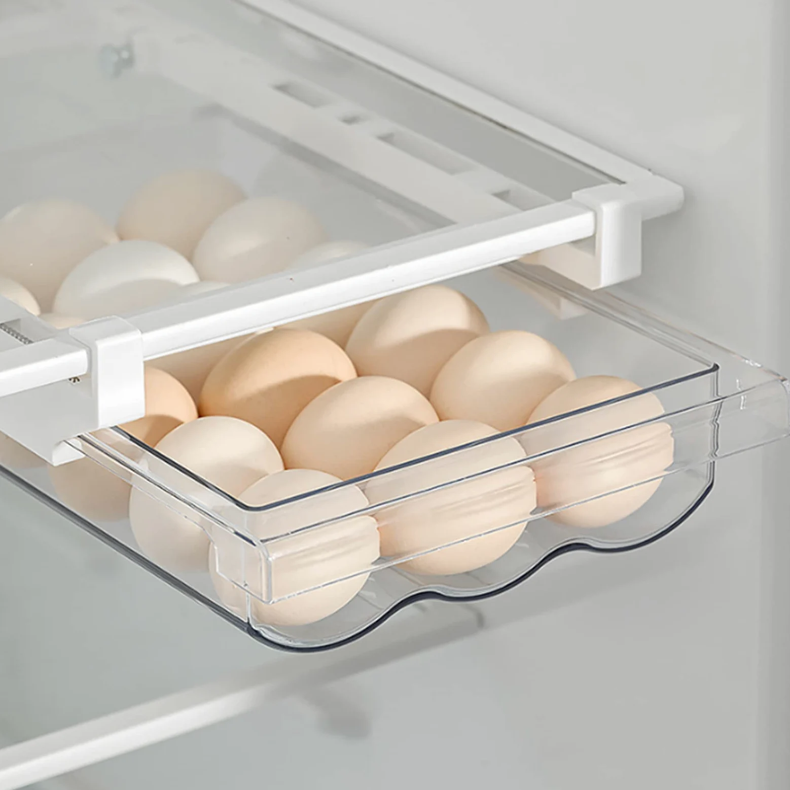 Portahuevos para nevera, mini organizador de cajones para nevera, bandeja de almacenamiento de huevos transparente de plástico transparente