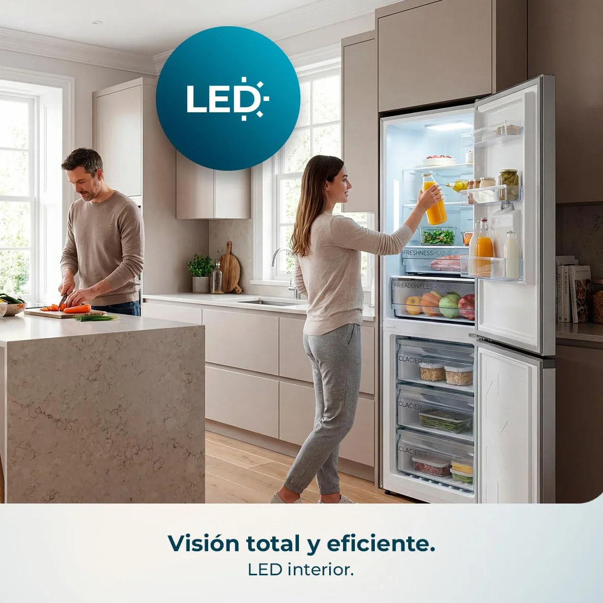 Cecotec Frigorífico Combi Total No Frost de 322L Bolero CoolMarket Combi 322i WD Inox E. 185,5 cm de Alto, 59,5 cm de Ancho, Clase E, Tecnología Multi Airflow, HumidityFlex HUB, LED Interior, Inox