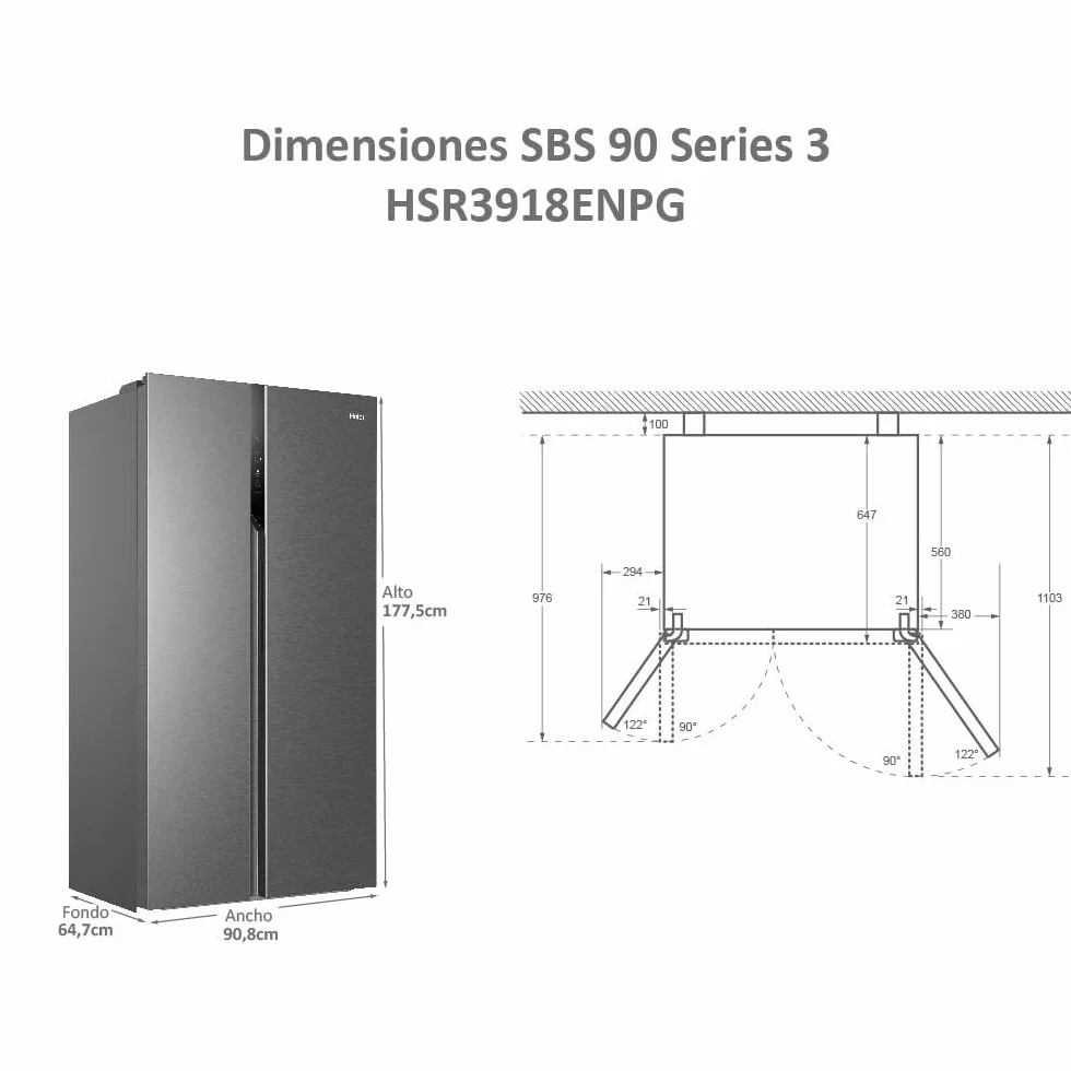 Haier SBS 90 Series 3 HSR3918ENPG - Frigorífico Side by Side, Americano, Apertura 90 grados, Tecnología Antibacterias, Capacidad XXL 528 L, Total No Frost, Clase E, Inox, Gris, 177,5 x 90,8 x 64,7 cm
