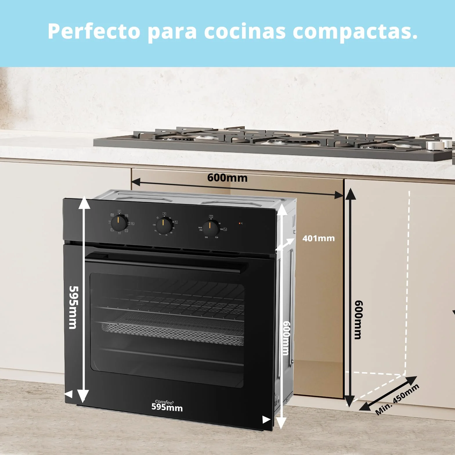 COMFEE' CBO60M80M1-BK Horno empotrable de 60 cm y 60 litros con 8 funciones, freidora de aire, cocción multifase, puerta extraíble, fácil limpieza, limpieza con vapor, color negro