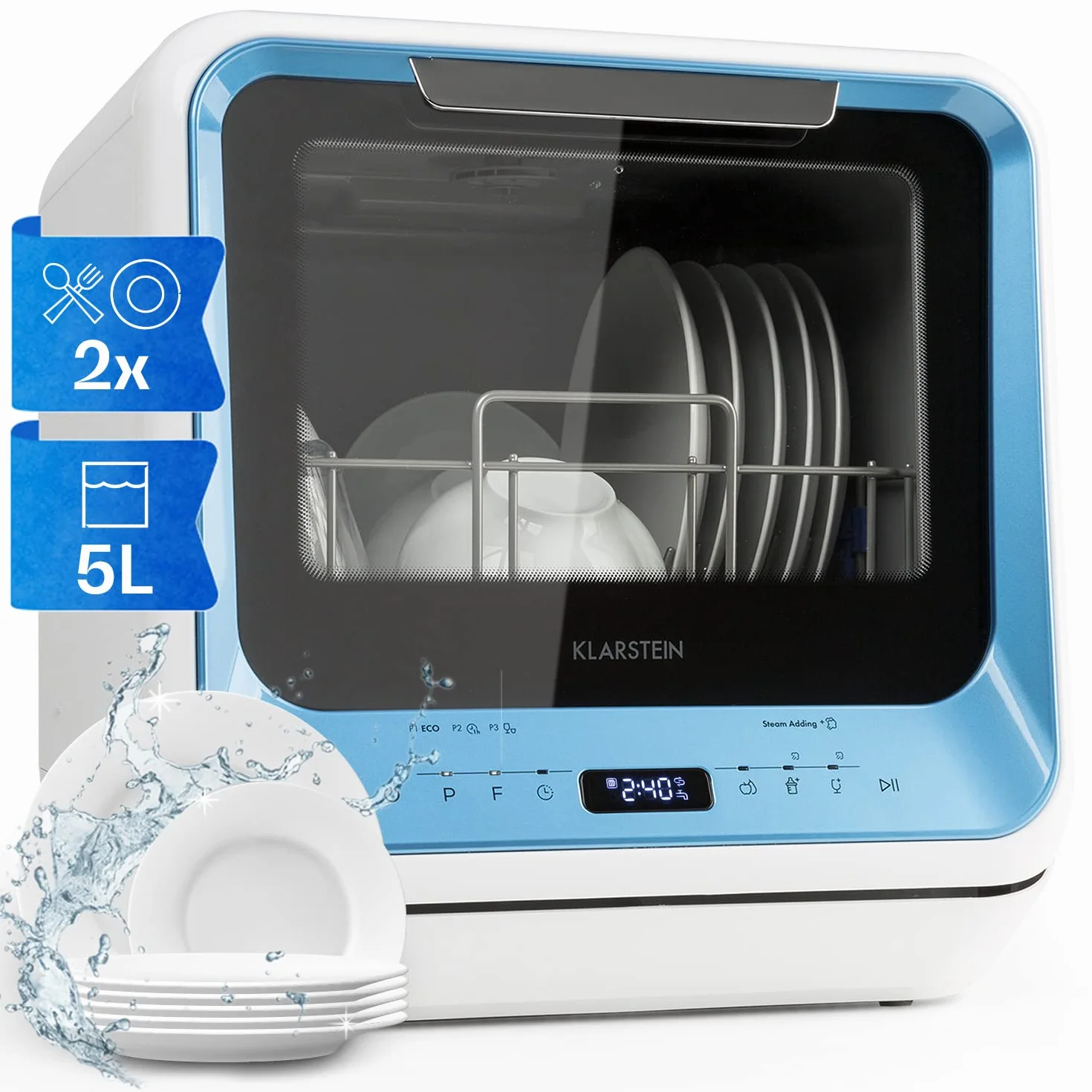 Klarstein Amazonia Mini Lavavajillas – Compacto, 7 Programas, 5L Depósito o Conexión Directa, Silencioso 58dB, Clase energética D, Pantalla Digital, Lavavajillas Portátil para Cocina Pequeña, Azul