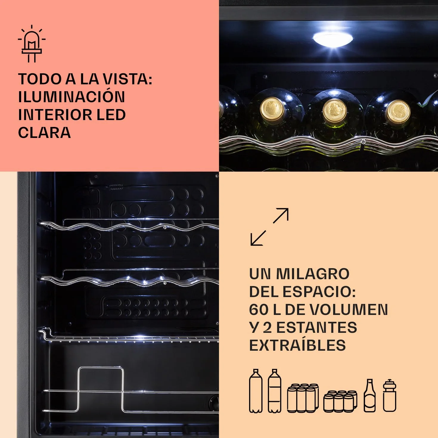 KLARSTEIN Mini Nevera Pequeña Puerta Cristal Habitaciones, Portatil Electrica, para Bebidas, Frigorificos 60L, con Estantes