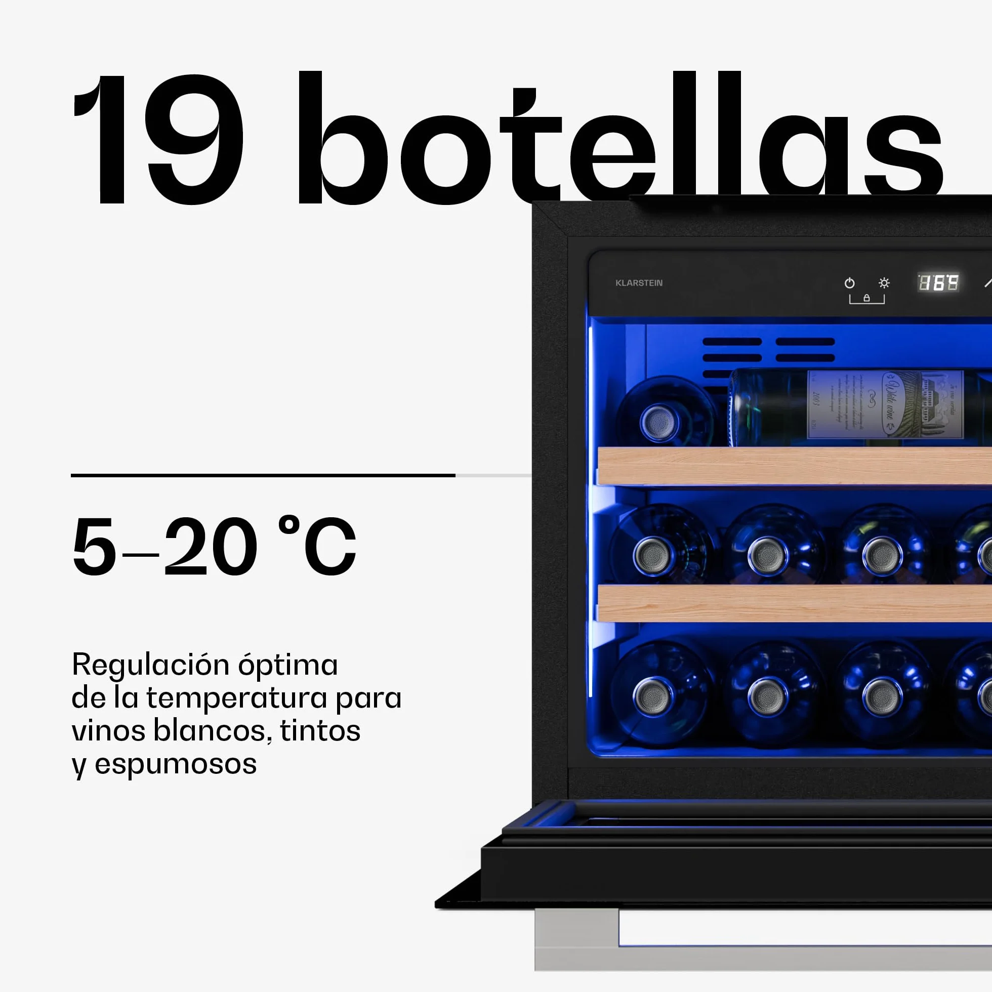 KLARSTEIN Illuminosa Vinoteca Integrable - 19 Botellas, 1 Zona, 5-20°C, LED, Control Táctil, Puerta UV, 3 Estantes Madera, Nevera Vinos Empotrable