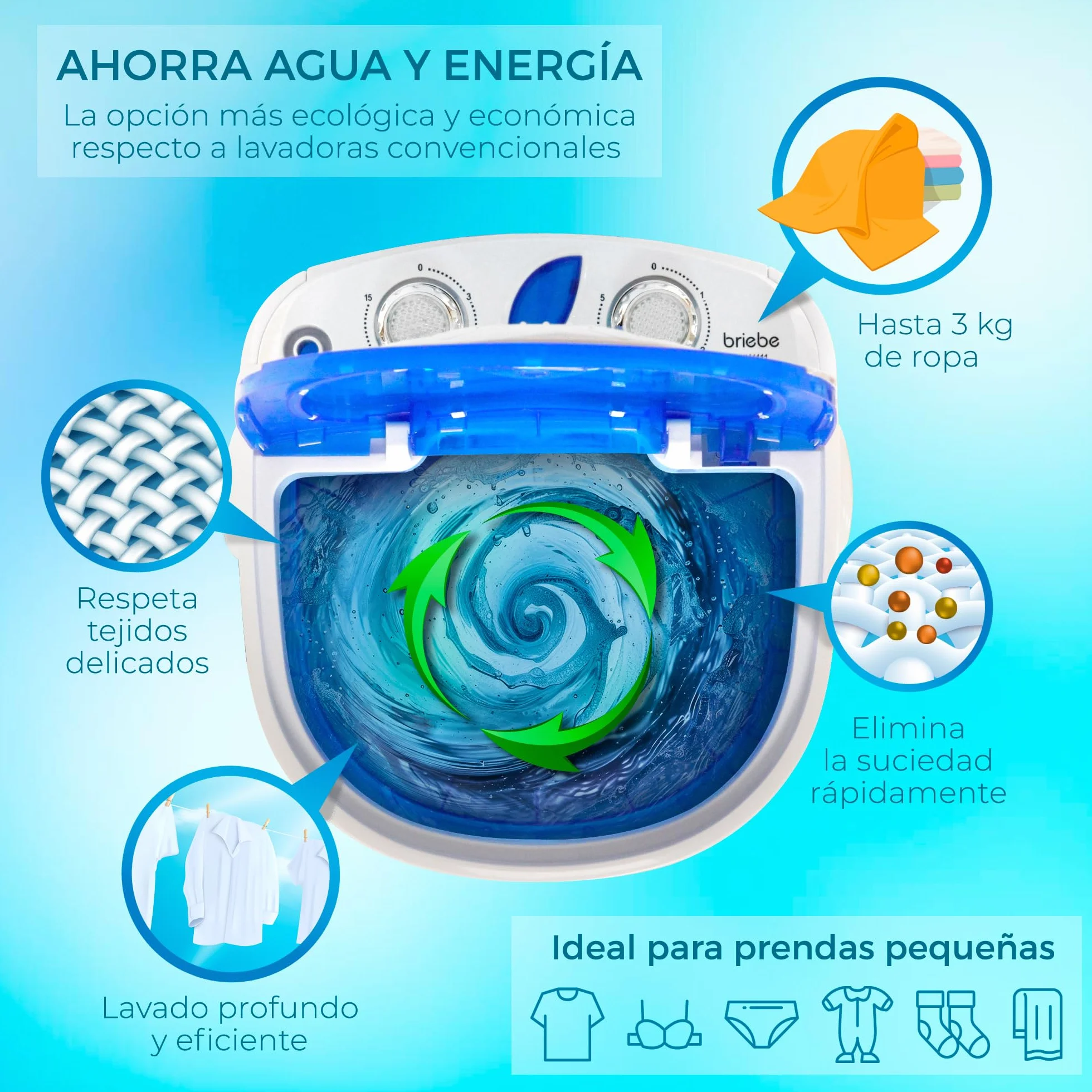 briebe Camp Mini Lavadora Portátil con Centrifugado 3kg Carga Superior Bajo Consumo