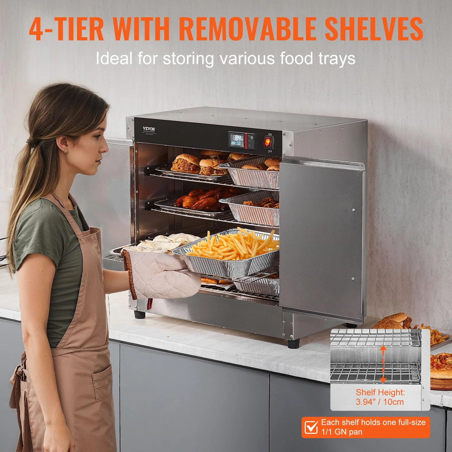 VEVOR Calentador de Alimentos Tipo Caja Caliente, 4 Niveles con Bandeja de Agua, 4 Bandejas, Puerta Doble y Estantes Ajustables, Acero Inoxidable, Ideal para Almacenar Pizza, Pollo, Restaurante, 850 W