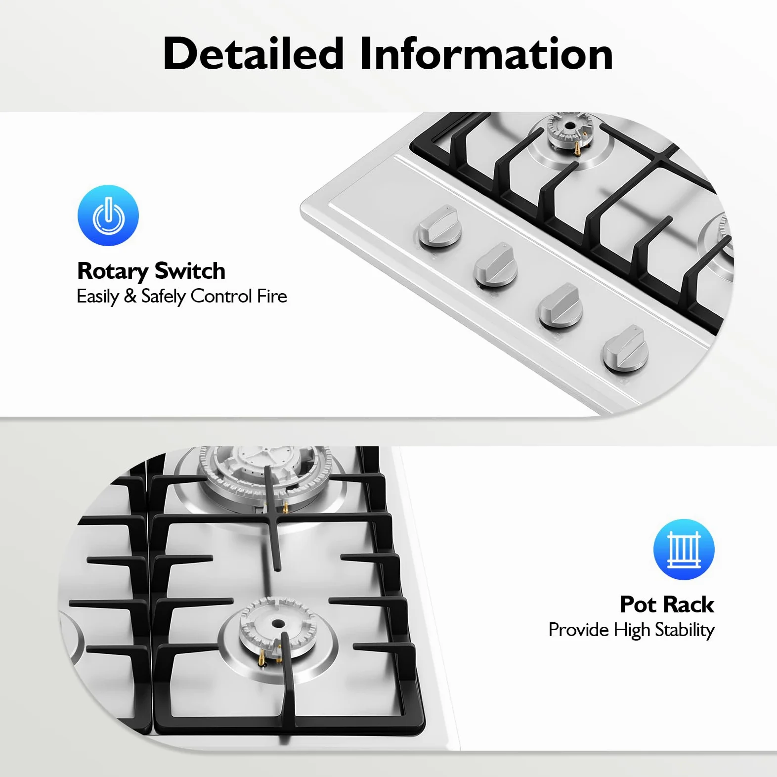 Cocina de gas de 4 fuegos, acero inoxidable, empotrable, gas natural/propano, eficiente y de bajo consumo, 7500 W, 4 zonas de cocción (3000 W + 1750 W + 1750 W + 1000 W), 4 zonas de cocina de