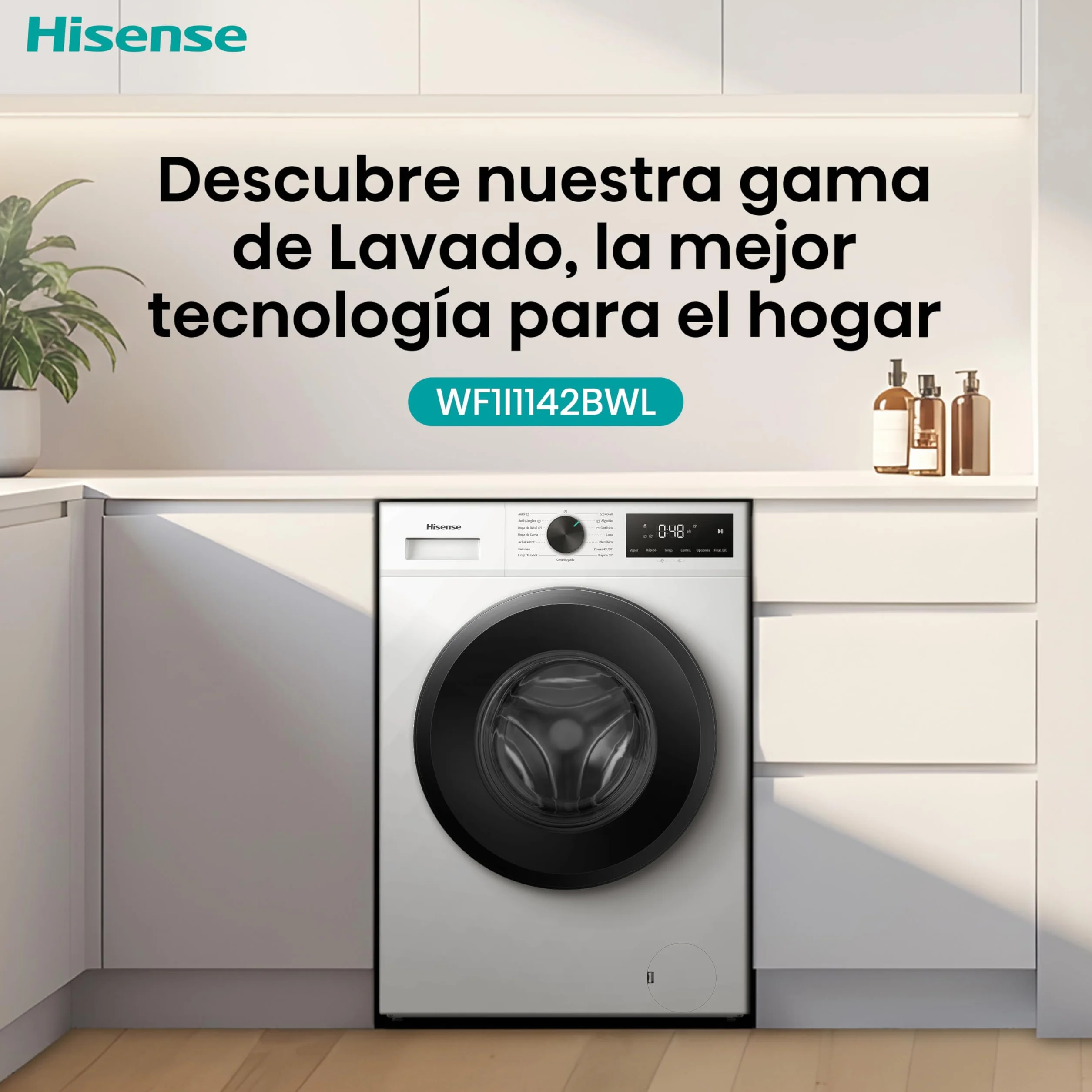 Hisense WF1I1142BWL - Lavadora 11 Kg, 1400 rpm, Clase A, Fondo 59cm, Lav. Power 49’ y Rápidos 30' y 15', Dispensador Automix, Lavado Auto Wash, Antiarrugas, iFit™ Fondo Optimizado, Vapor 99,9%, Blanco