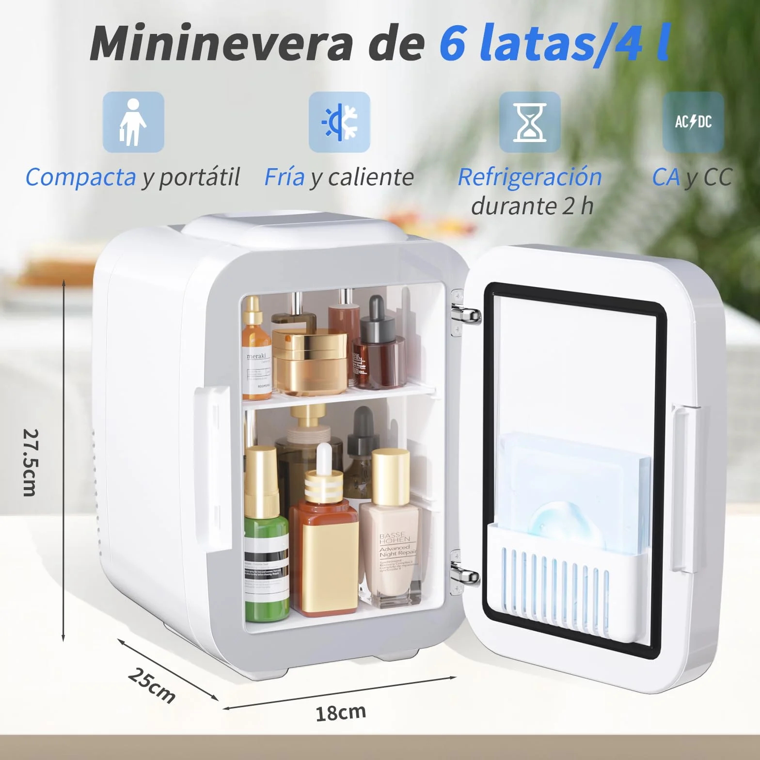 YASHE Mini Nevera para Dormitorio, Skincare Nevera con Espejo LED, Pequeña Nevera de 4L Portátil, Calentador y Enfriador Termoeléctrico 220V AC / 12V DC para Coche, Oficina, Dormitorio (blanca)