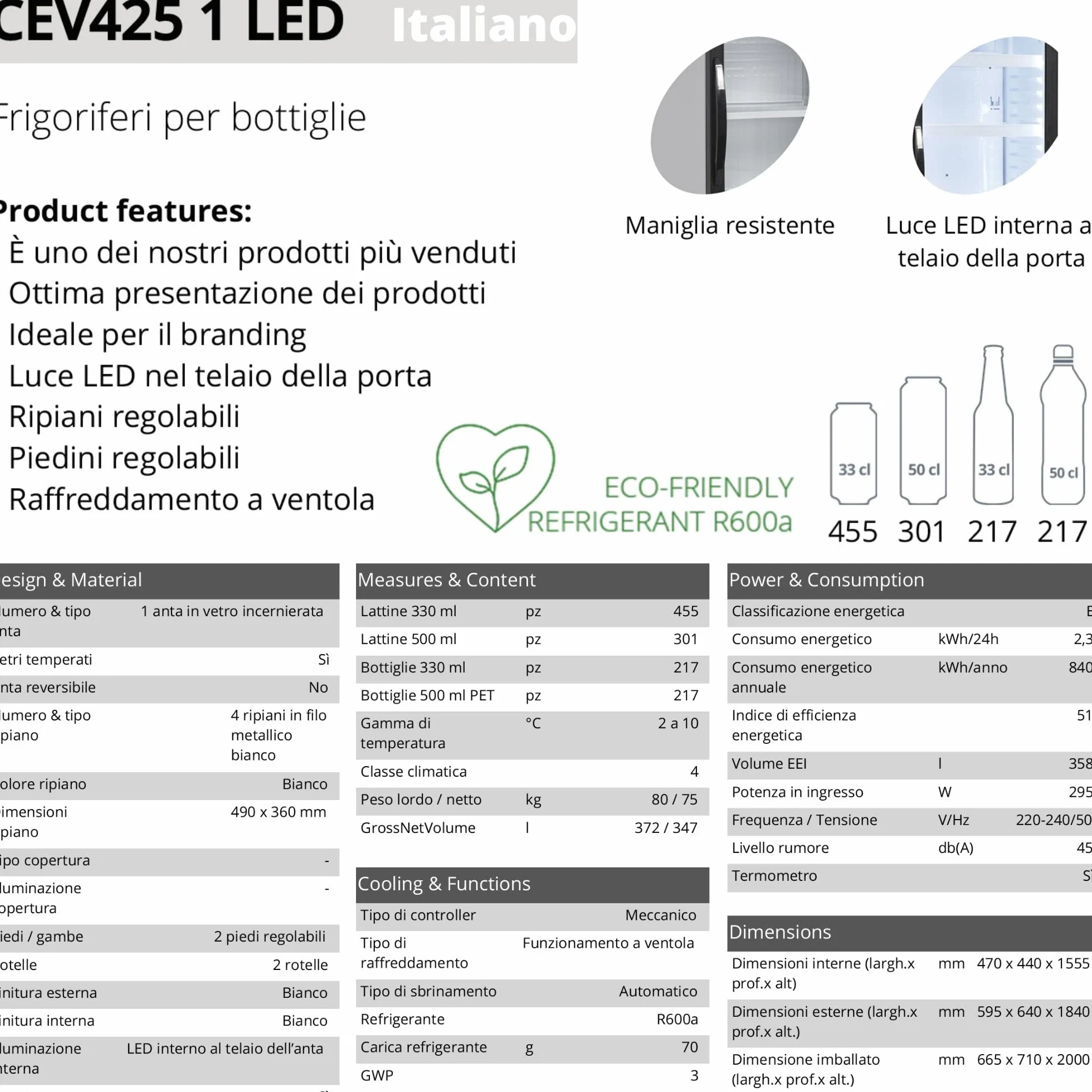 Tefcold CEV425 1 LED Frigorífico para Bebidas, Volumen Bruto 372 L, Nevera Expositora, Frigorífico con Puerta de Cristal, Rango de Temperatura 2 a 10 °C, Luz Interior LED dentro del Marco de Puerta