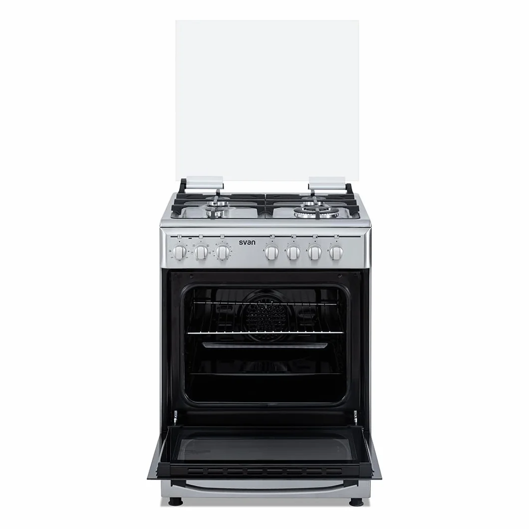 Svan Cocina Mixta Gas Butano, 4 Zonas de Cocción, Horno 56 L, Inox, SKMW4601X. Control Manual, Quemador WOK Triple Llama, 6 Programas de Cocción, Compartimento Bombona, Cristal en Puerta Doble Capa, T
